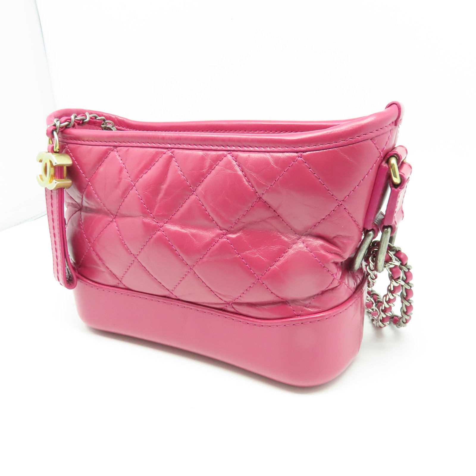 CHANEL 【激減優惠】菱格牛皮皮革Gabrielle Hobo Mini Shoulder Bag銀扣鏈帶肩背袋粉紅色