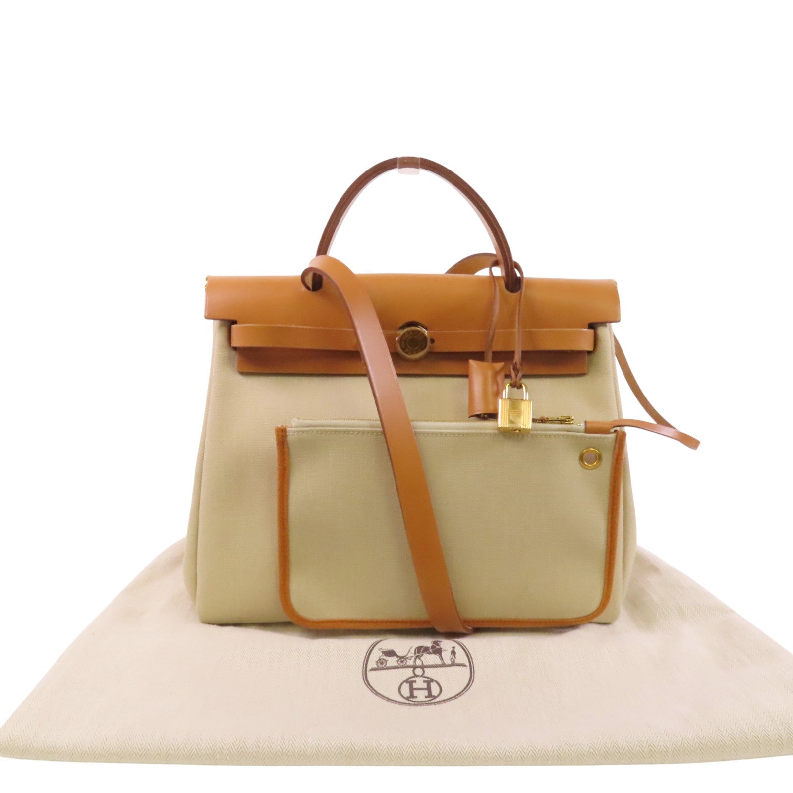 HERMES 帆布/皮革Herbag PM金扣手挽肩背兩用袋