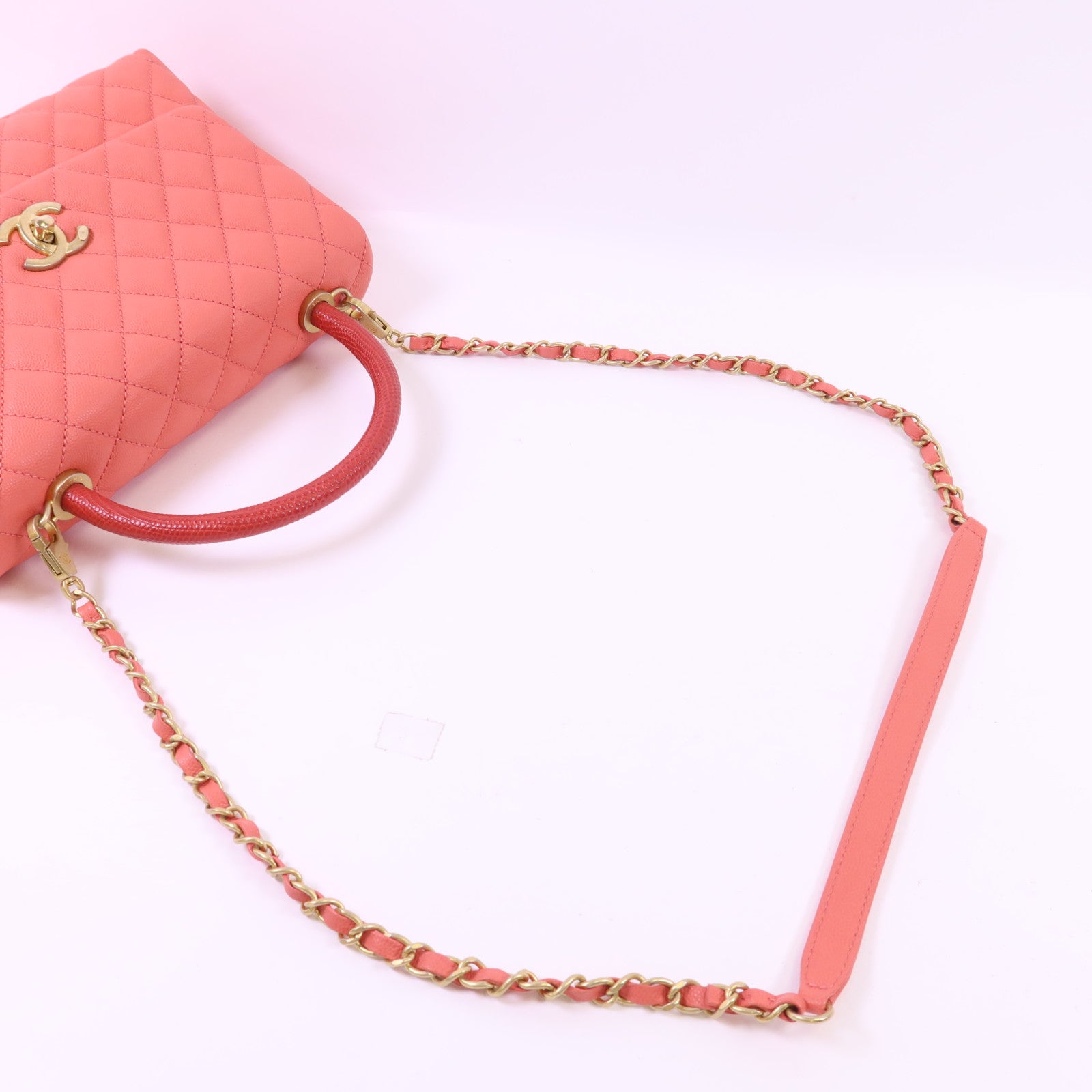 CHANEL 牛皮皮革/蜥蝪皮革Coco Handle Large金扣鏈帶肩背袋