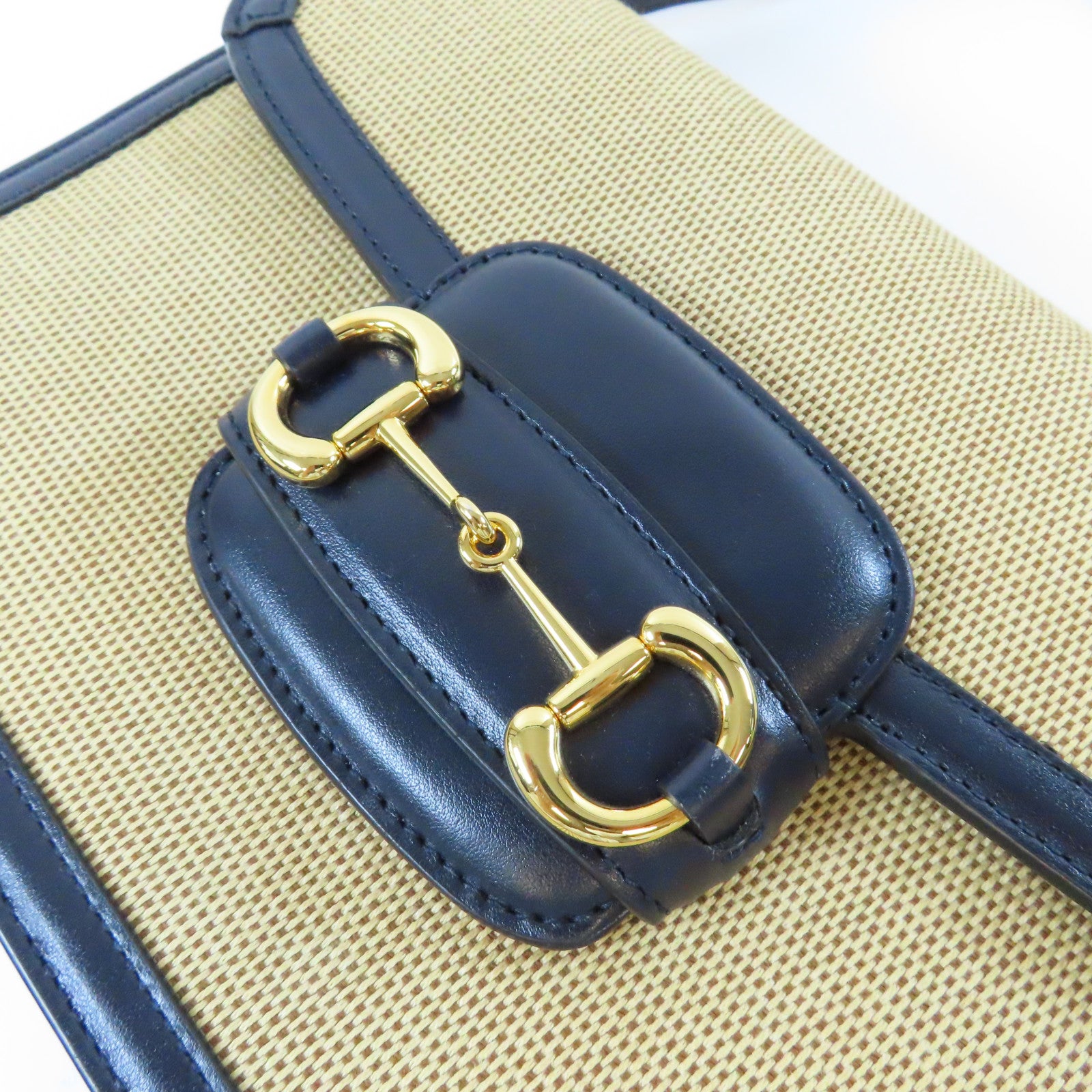 GUCCI 【激減優惠】帆布/皮革Horsebit 1955金扣肩背袋深藍色/米色