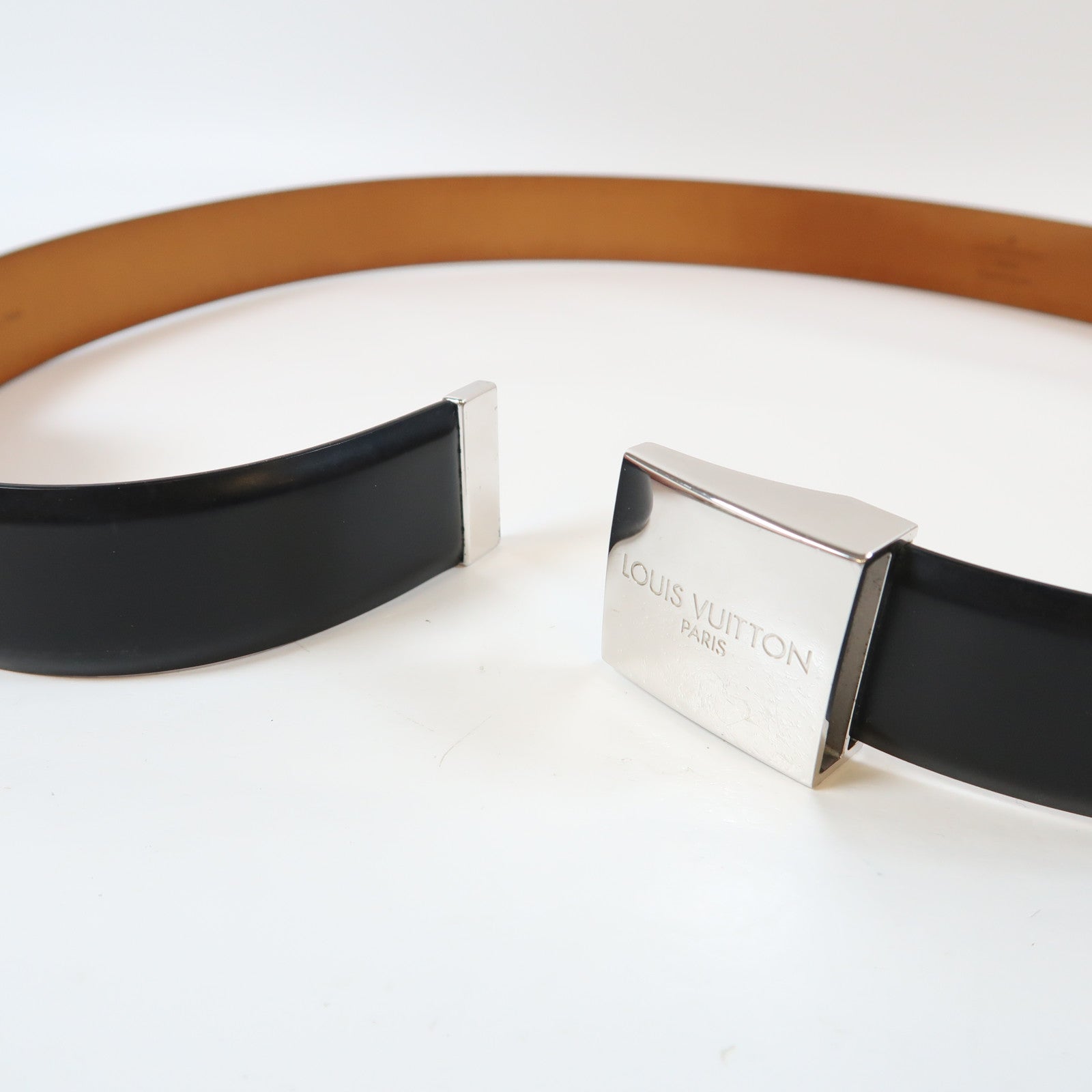LOUIS VUITTON 牛皮皮革Belt 85cm銀扣皮帶黑色/啡色
