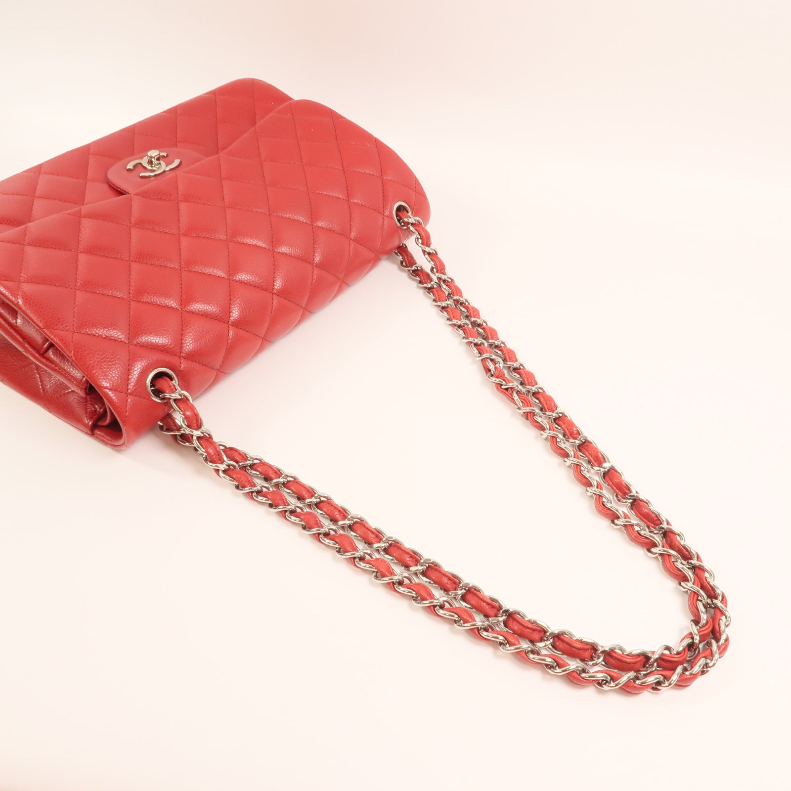 CHANEL 牛皮皮革Large Classic銀扣鏈帶肩背袋