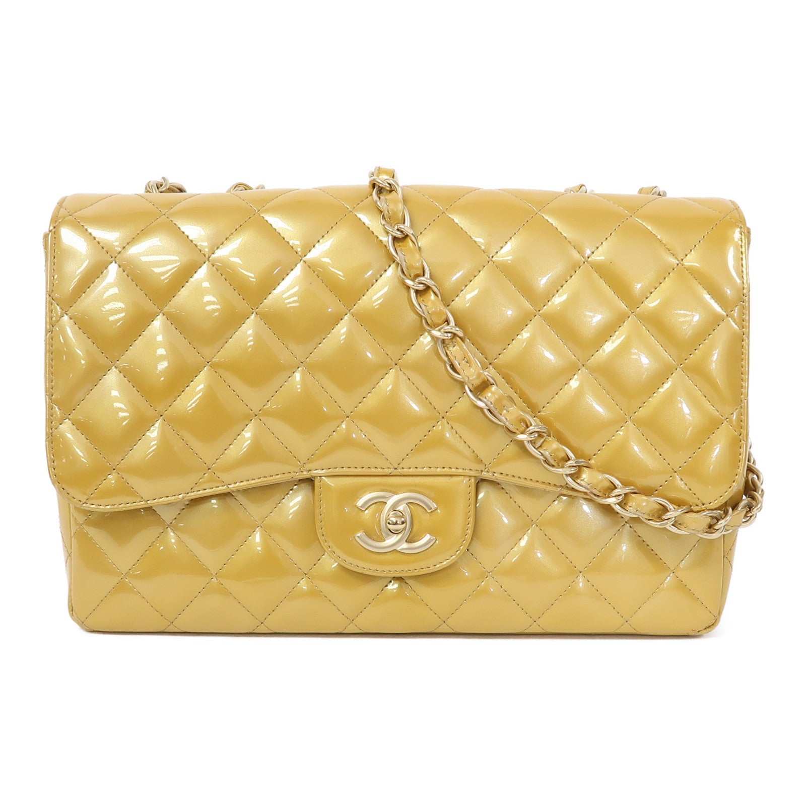 CHANEL 【激減優惠】菱格漆皮皮革Jumbo Classic Bag金扣鏈帶肩背袋黃色