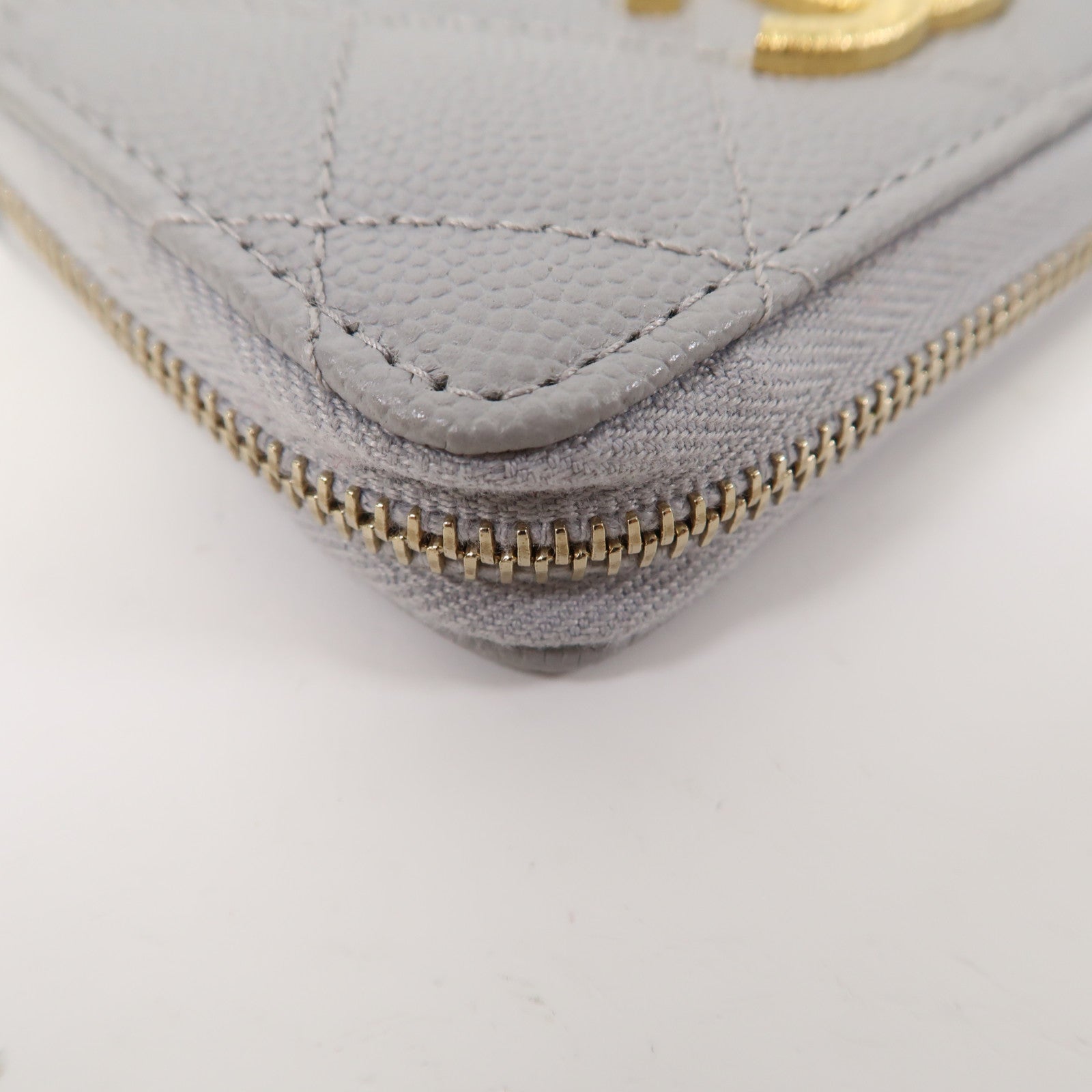 CHANEL 菱格牛皮皮革Zippped Coin Purse金扣卡片套灰色