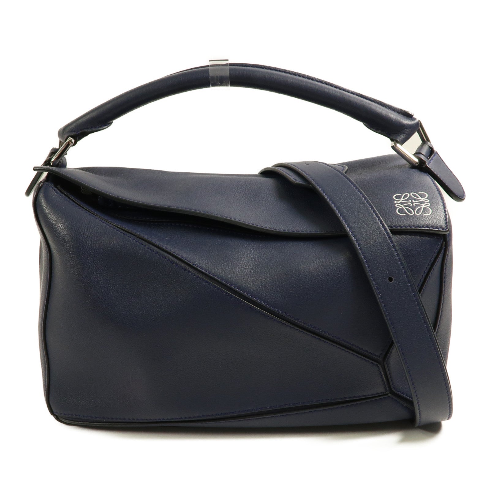 LOEWE 牛皮皮革Puzzle Bag Medium銀扣手挽肩背兩用袋藍色