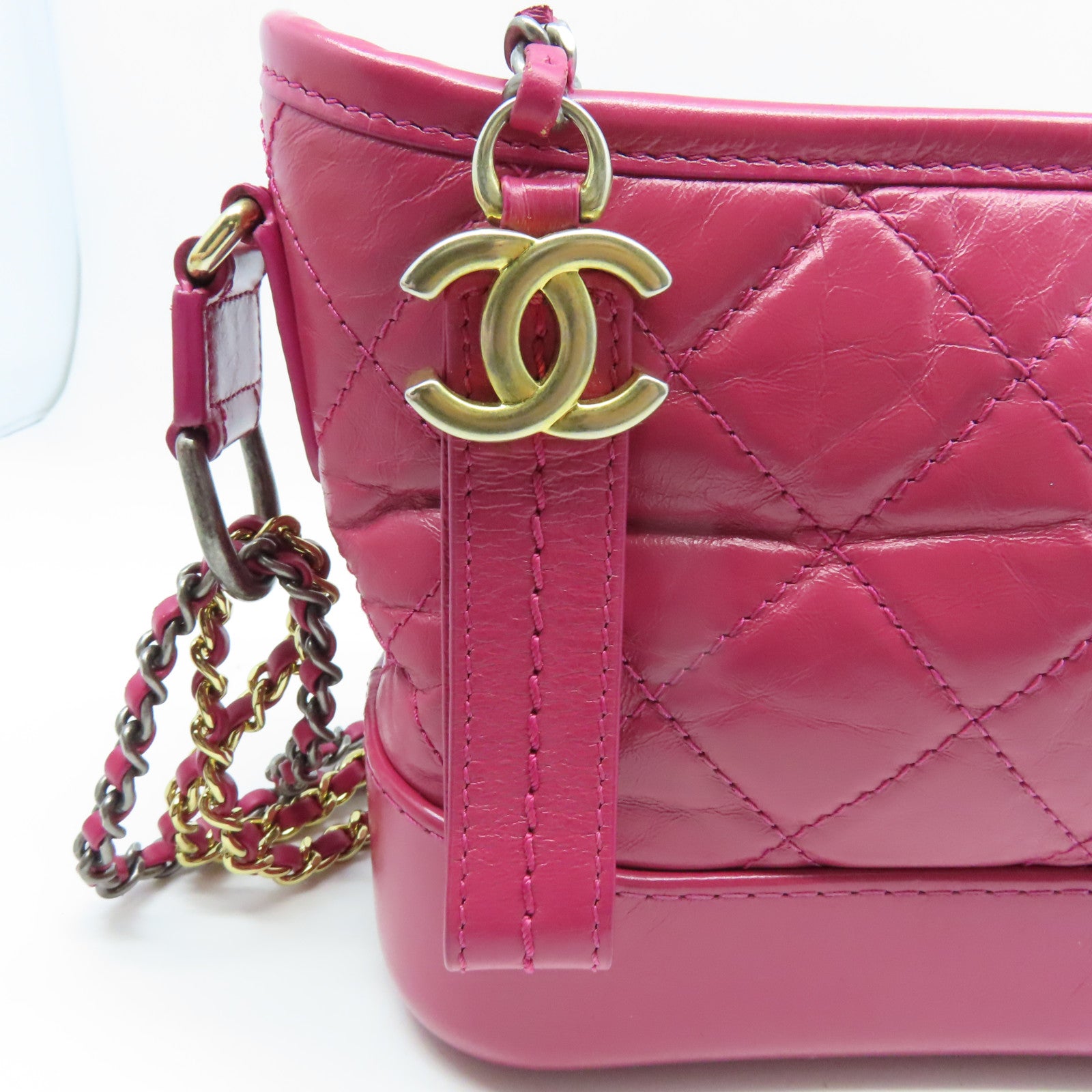 CHANEL 【激減優惠】菱格牛皮皮革Gabrielle Hobo Mini Shoulder Bag銀扣鏈帶肩背袋粉紅色