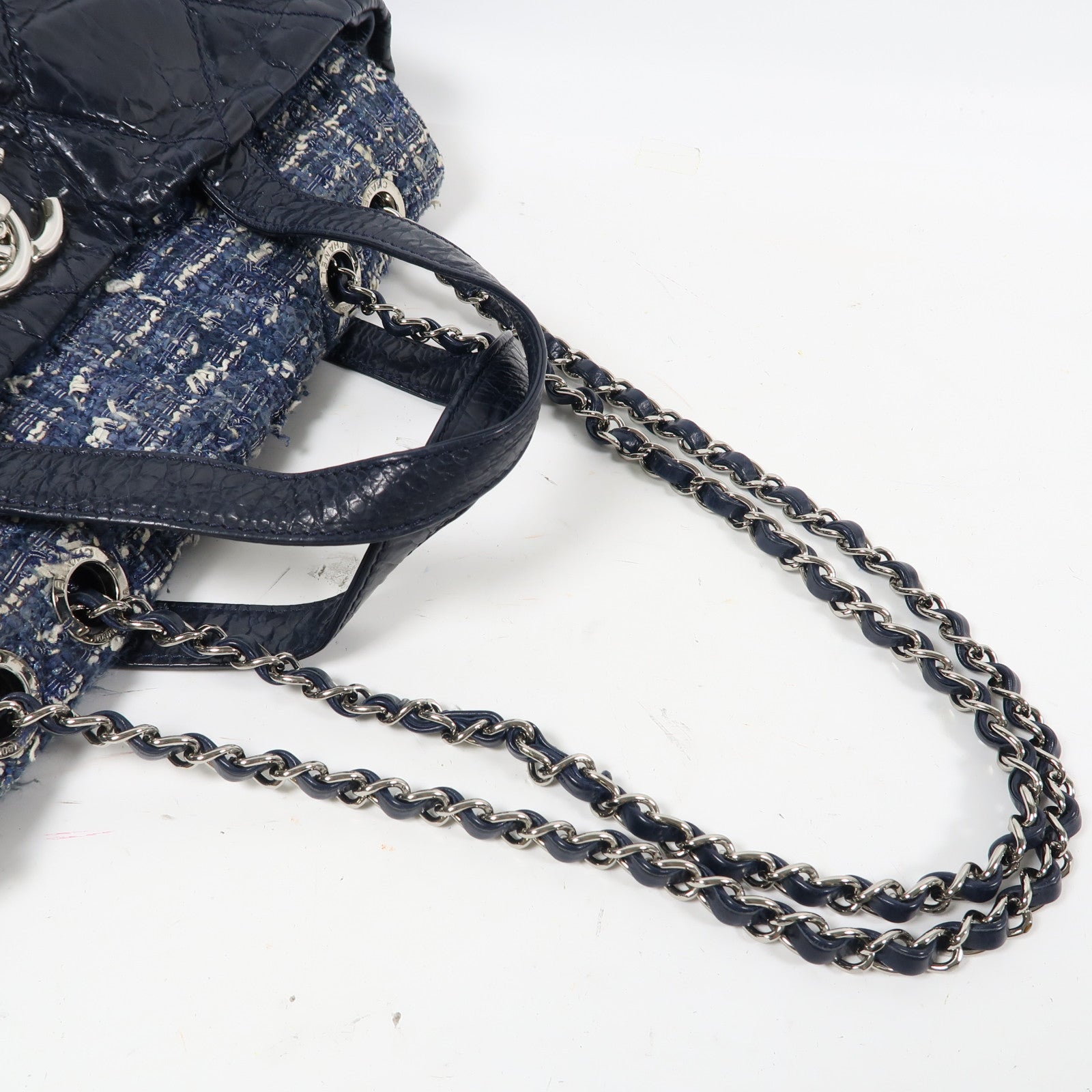 CHANEL 菱格牛皮皮革2way Shoulder Bag銀扣手挽肩背兩用袋藍色