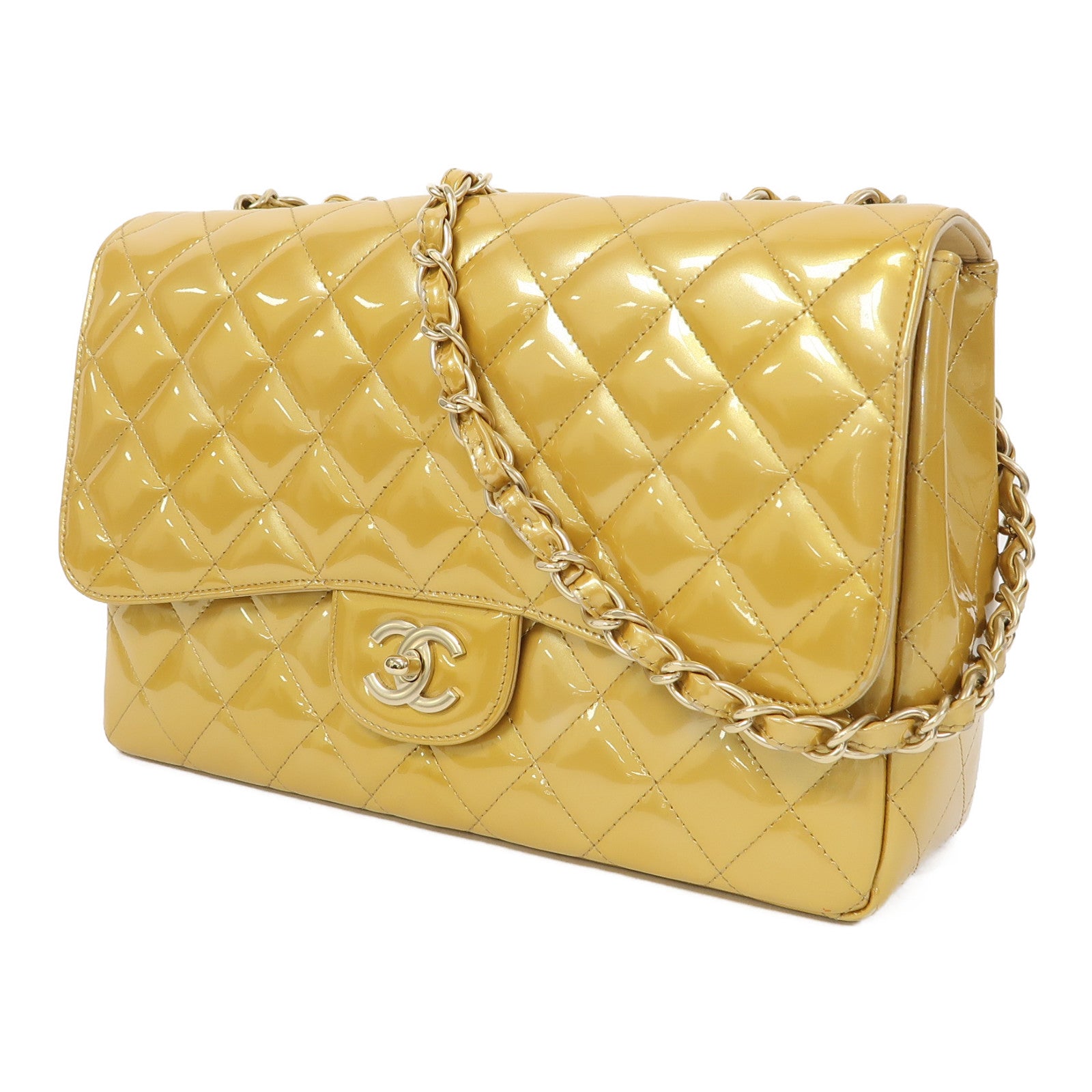 CHANEL 【激減優惠】菱格漆皮皮革Jumbo Classic Bag金扣鏈帶肩背袋黃色