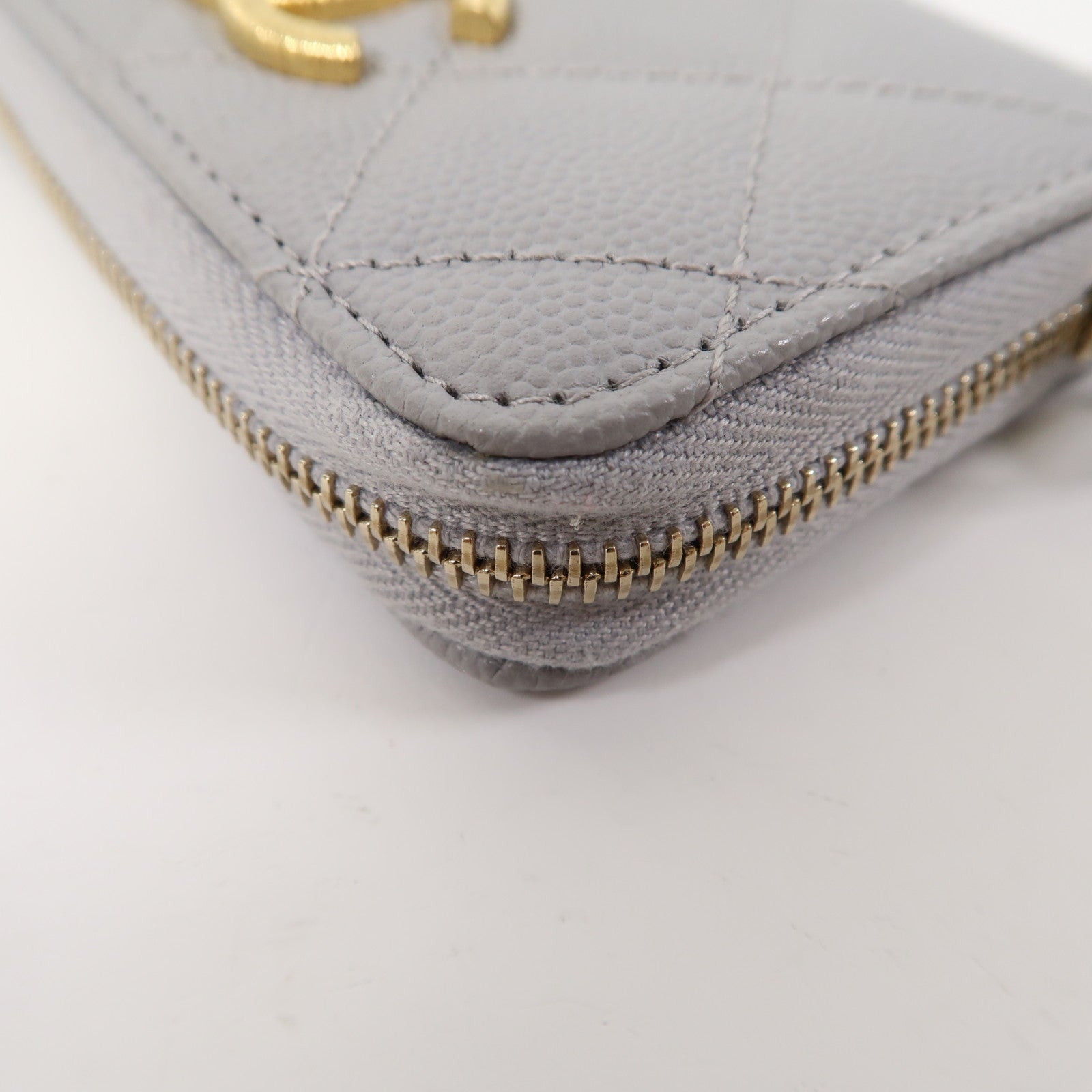 CHANEL 菱格牛皮皮革Zippped Coin Purse金扣卡片套灰色