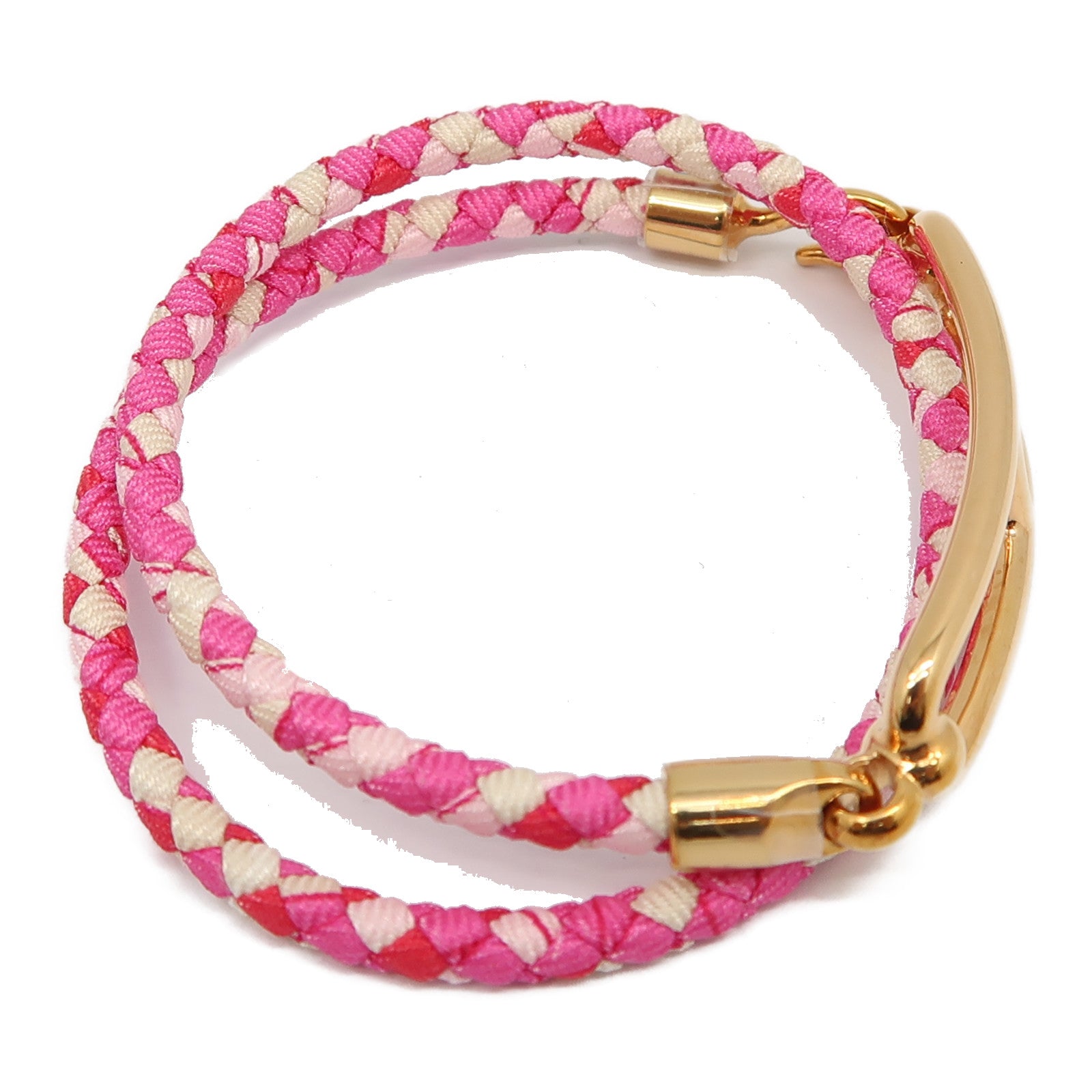 HERMES 【激減優惠】印花絲綢/金屬Roulis Double Tour Bracelet金扣手鐲粉紅色