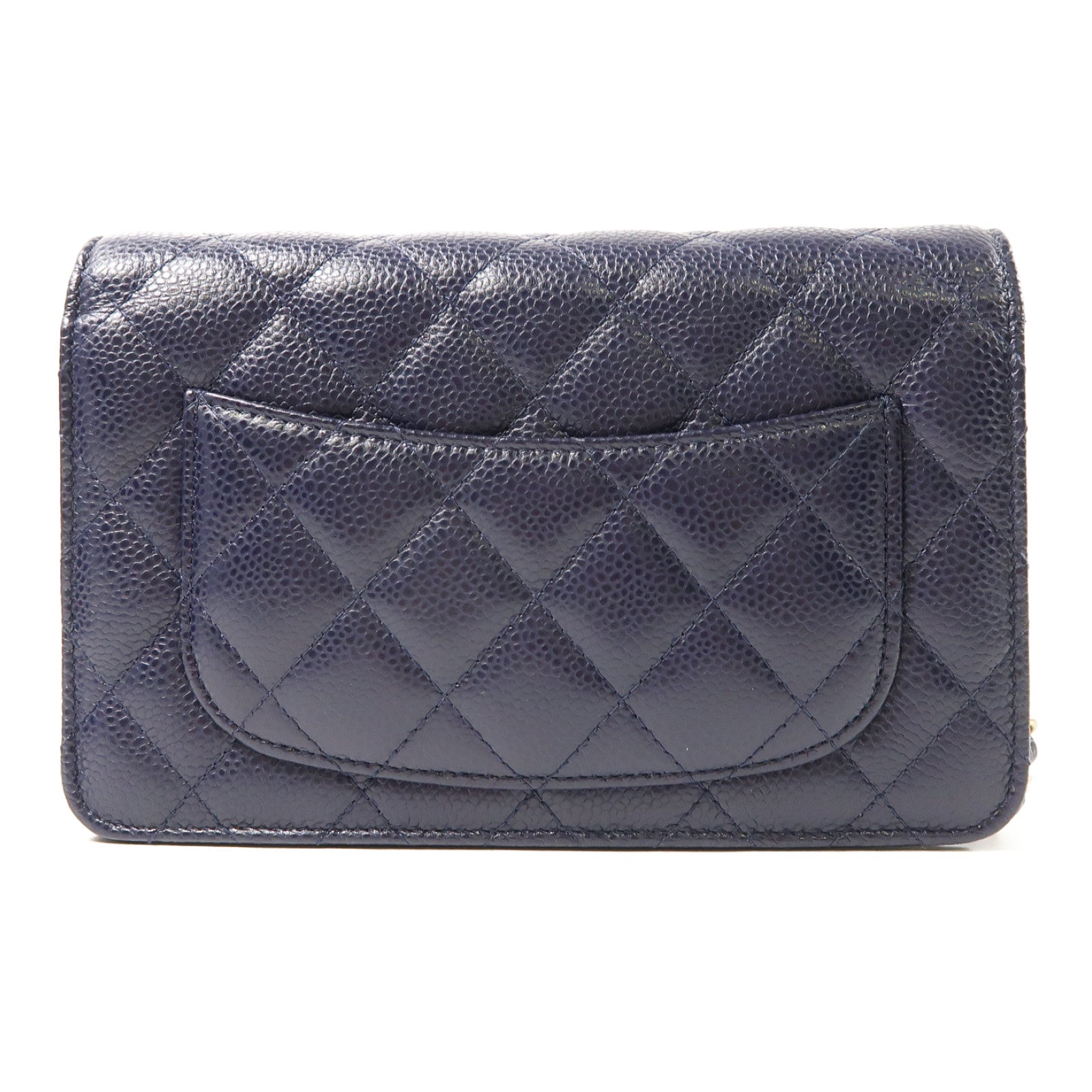 CHANEL 菱格牛皮皮革WOC Wallet On Chain金扣鏈帶肩背袋深藍色