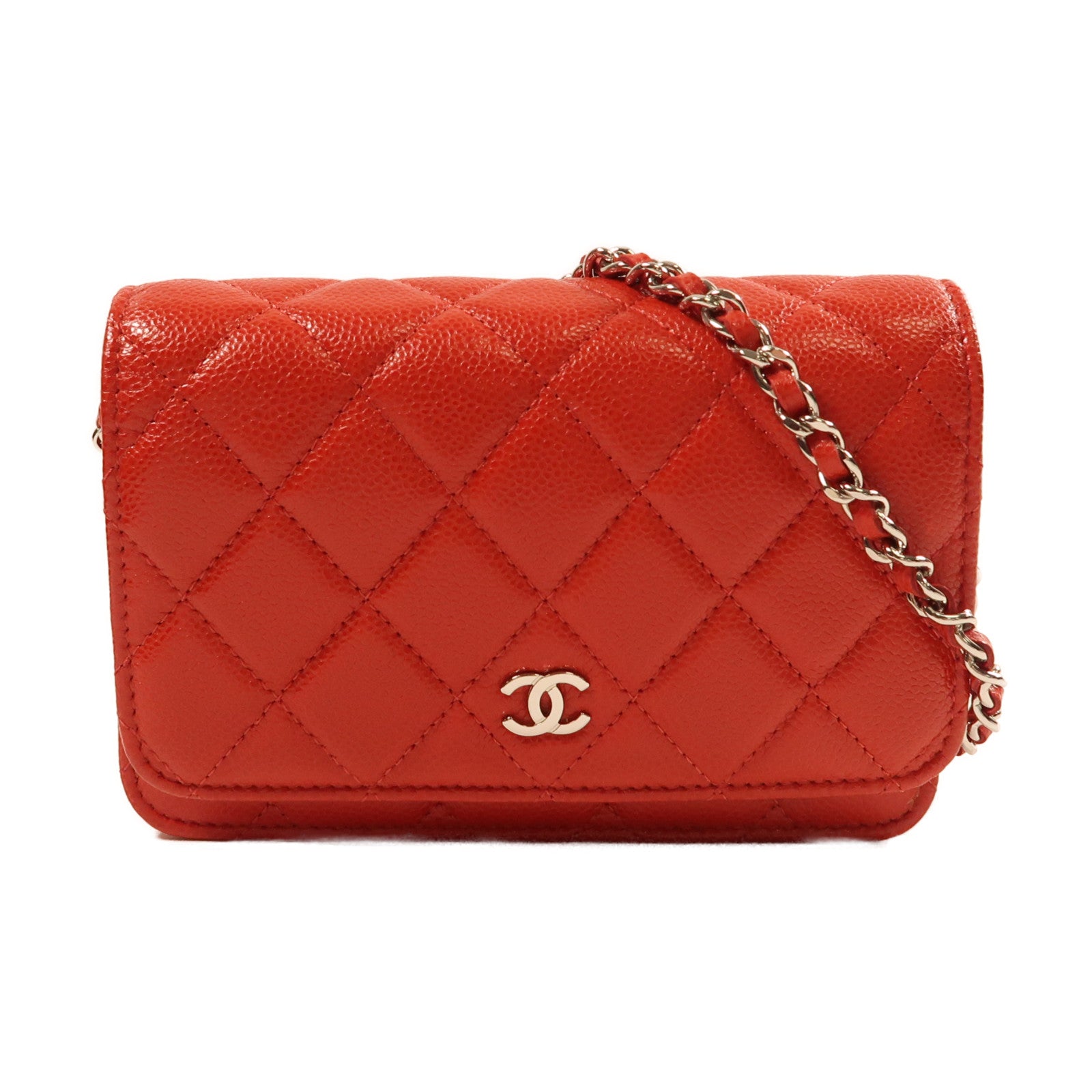 CHANEL 牛皮皮革Chain Shoulder銀扣鏈帶肩背袋紅色