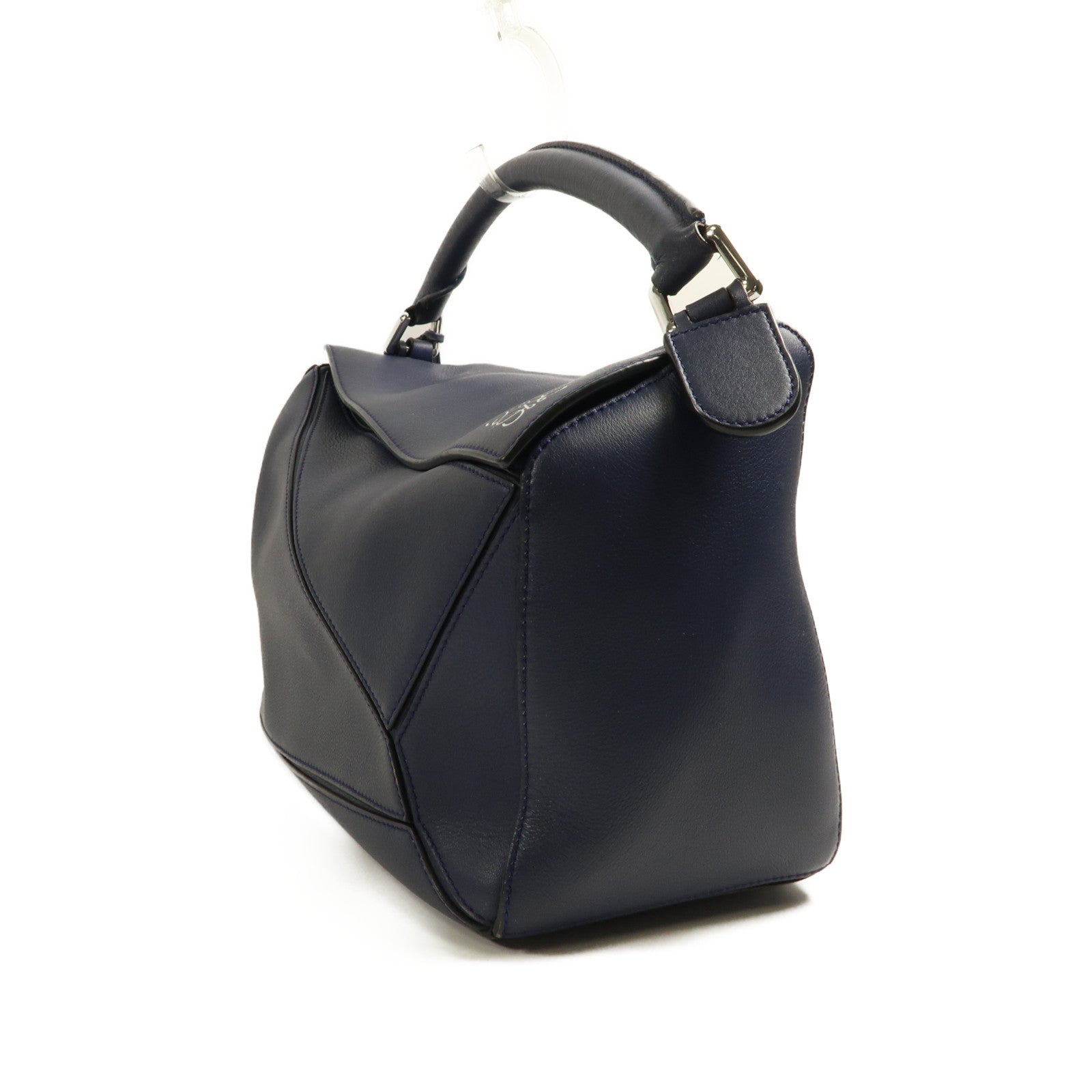 LOEWE 牛皮皮革Puzzle Bag Medium銀扣手挽肩背兩用袋藍色