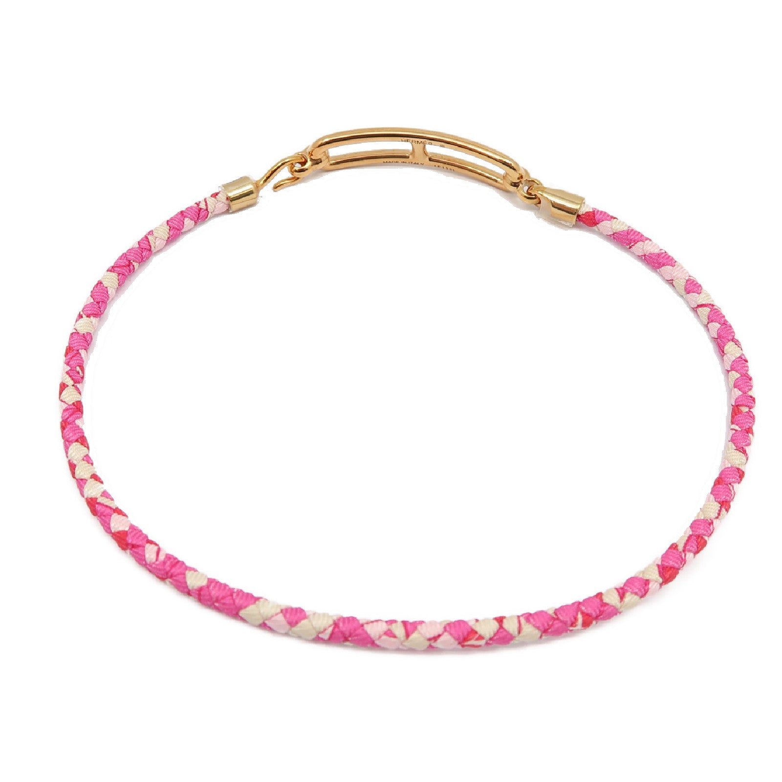 HERMES 【激減優惠】印花絲綢/金屬Roulis Double Tour Bracelet金扣手鐲粉紅色
