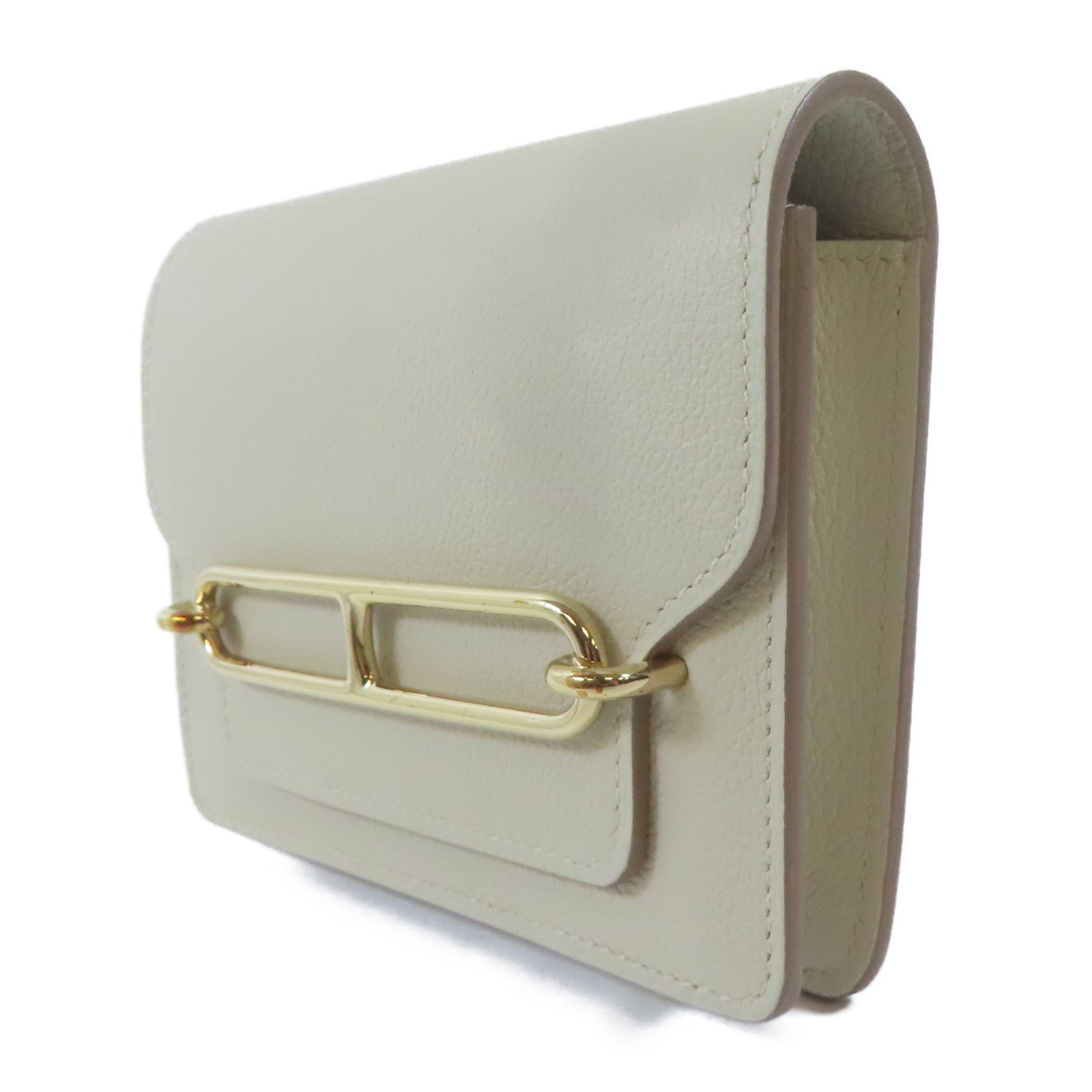 HERMES Chevre皮革Roulis Slim金扣錢包Nata白色