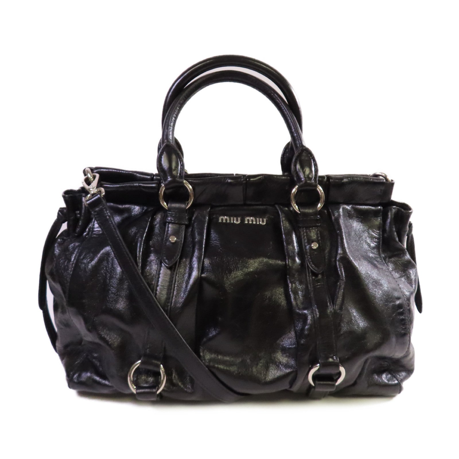 Miu Miu 牛皮皮革2Way Shoulder Bag銀扣手挽肩背兩用袋黑色