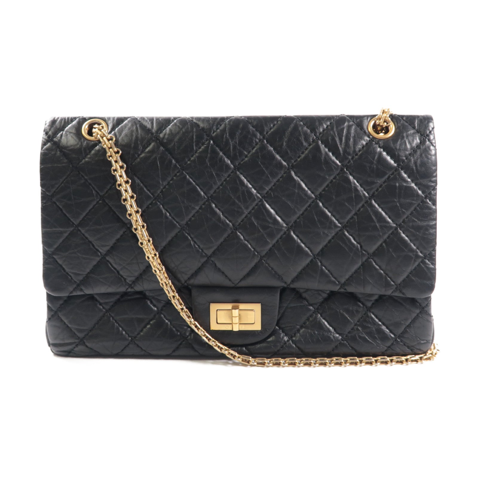CHANEL 菱格羊皮皮革2.55金扣鏈帶肩背袋黑色