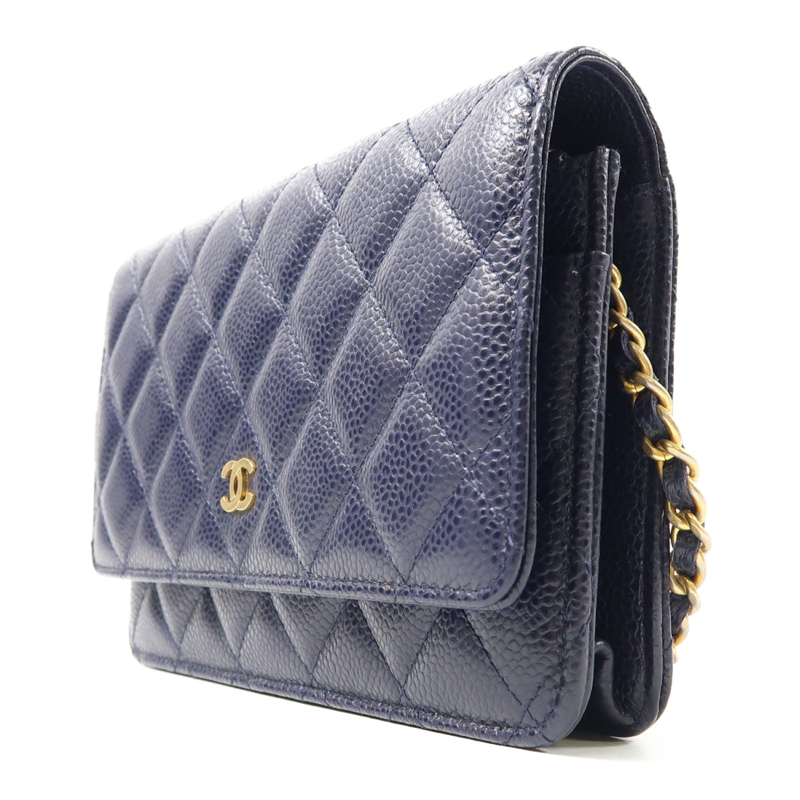 CHANEL 菱格牛皮皮革WOC Wallet On Chain金扣鏈帶肩背袋深藍色