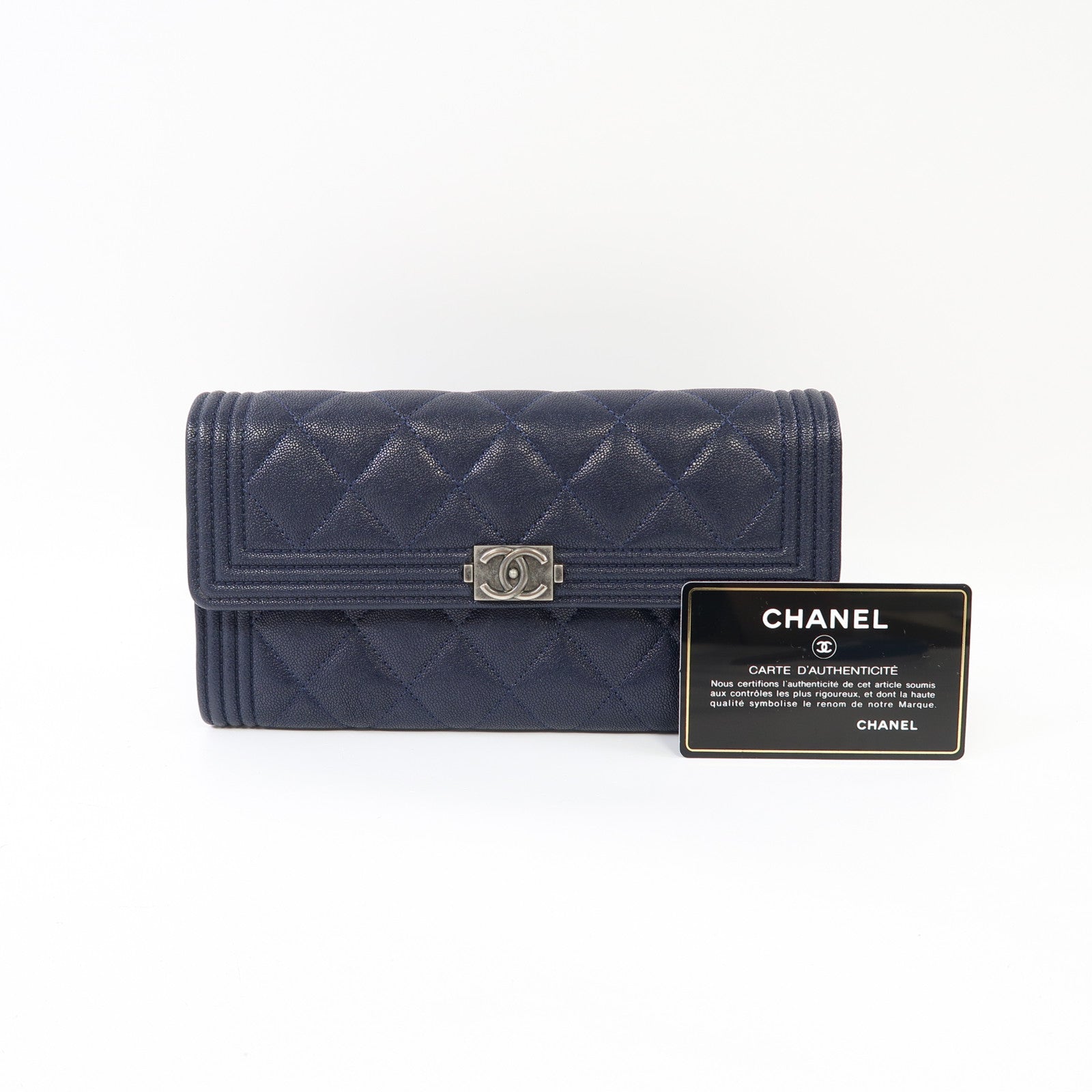 CHANEL 菱格牛皮皮革Boy Long Wallet銀扣長錢包藍色