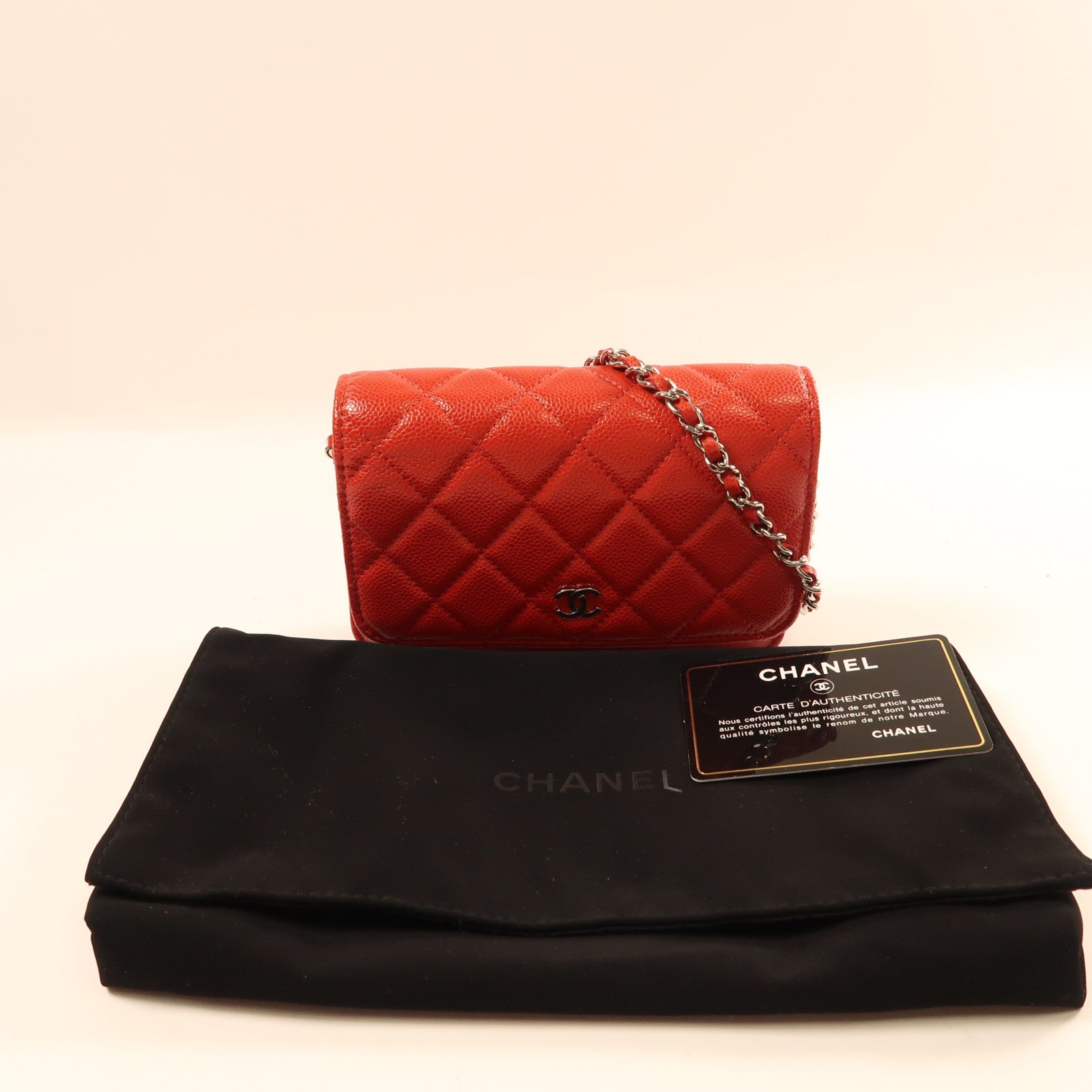 CHANEL 牛皮皮革Chain Shoulder銀扣鏈帶肩背袋紅色