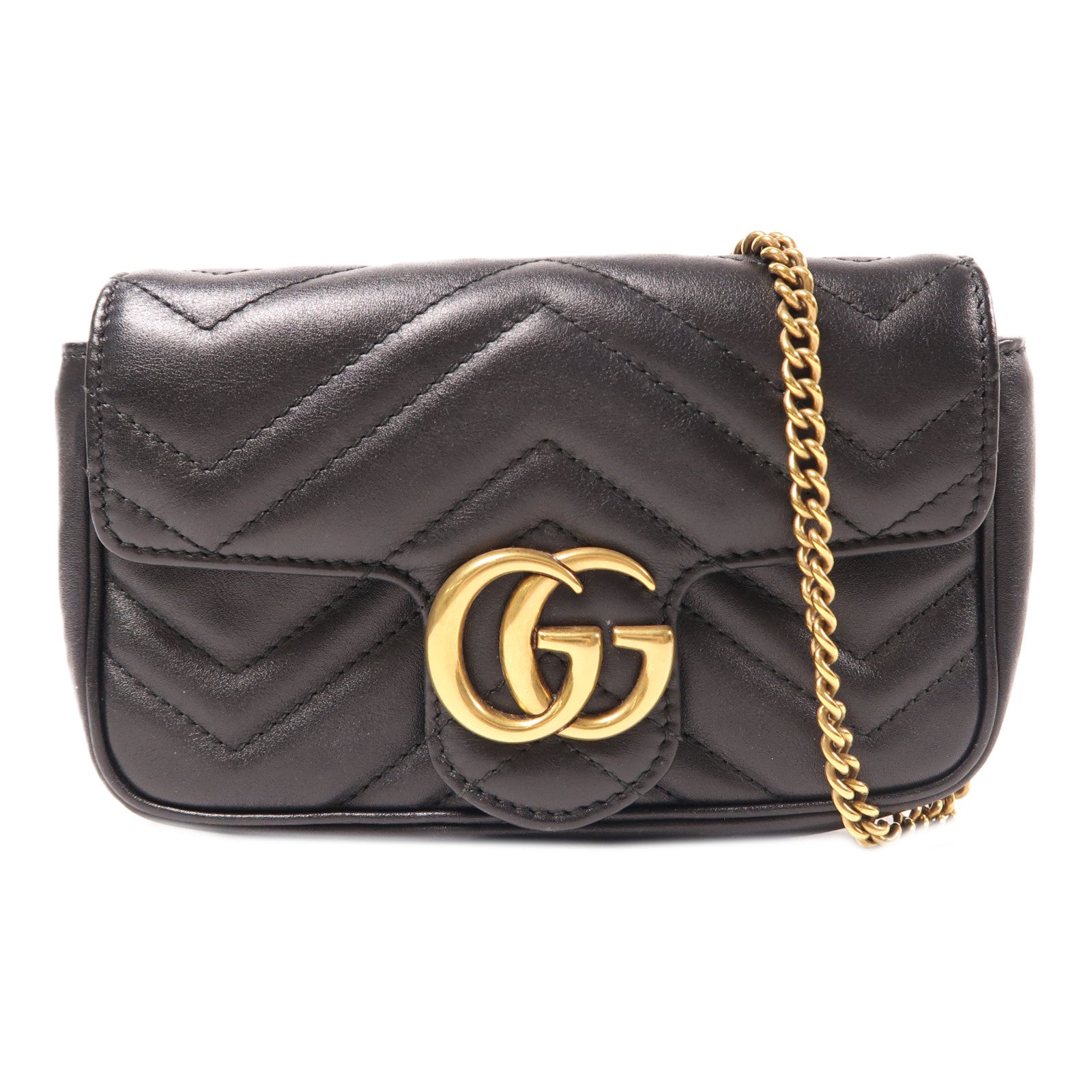 GUCCI Chevron皮革GG Marmont Super Mini金扣鏈帶肩背袋黑色