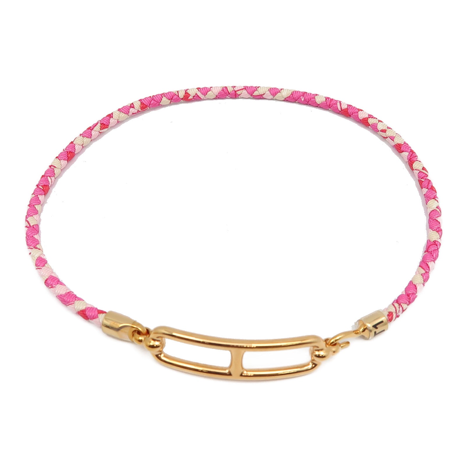 HERMES 【激減優惠】印花絲綢/金屬Roulis Double Tour Bracelet金扣手鐲粉紅色