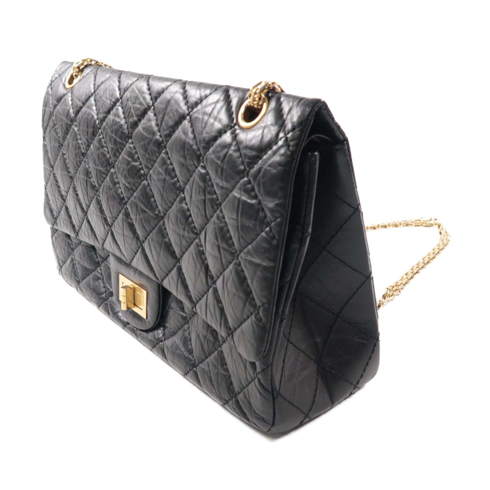 CHANEL 菱格羊皮皮革2.55金扣鏈帶肩背袋黑色