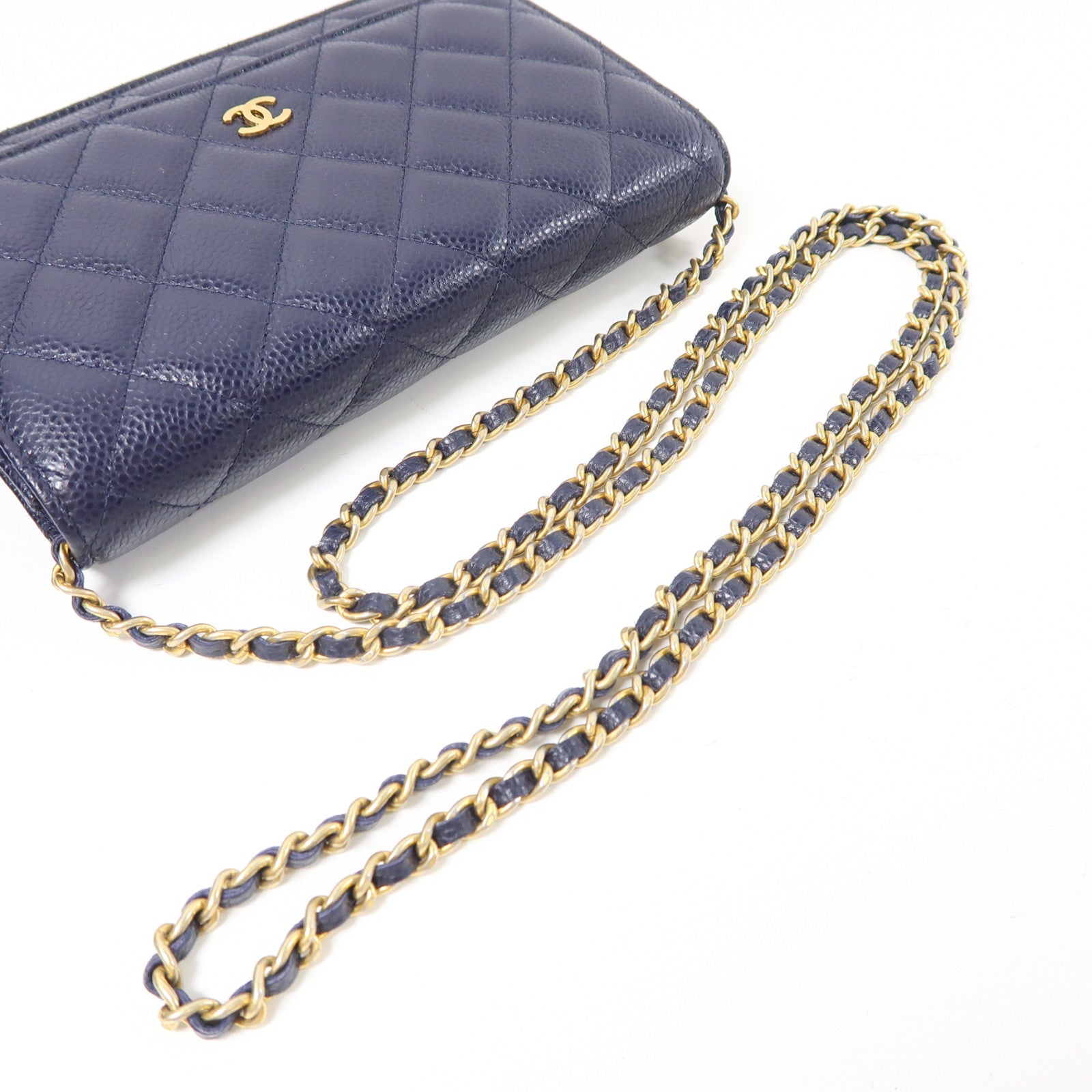 CHANEL 菱格牛皮皮革WOC Wallet On Chain金扣鏈帶肩背袋深藍色