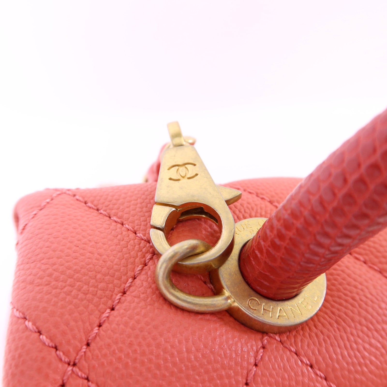 CHANEL 牛皮皮革/蜥蝪皮革Coco Handle Large金扣鏈帶肩背袋