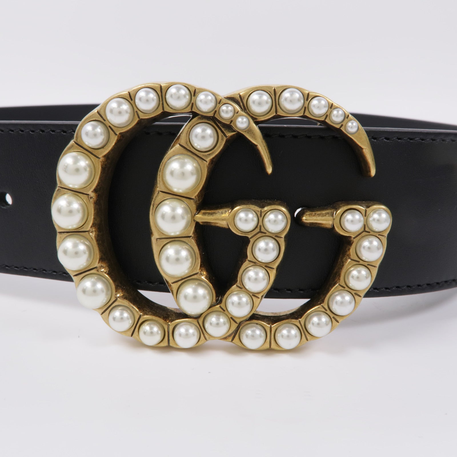 GUCCI 【激減優惠】皮革GG Marmont Pearls金扣皮帶