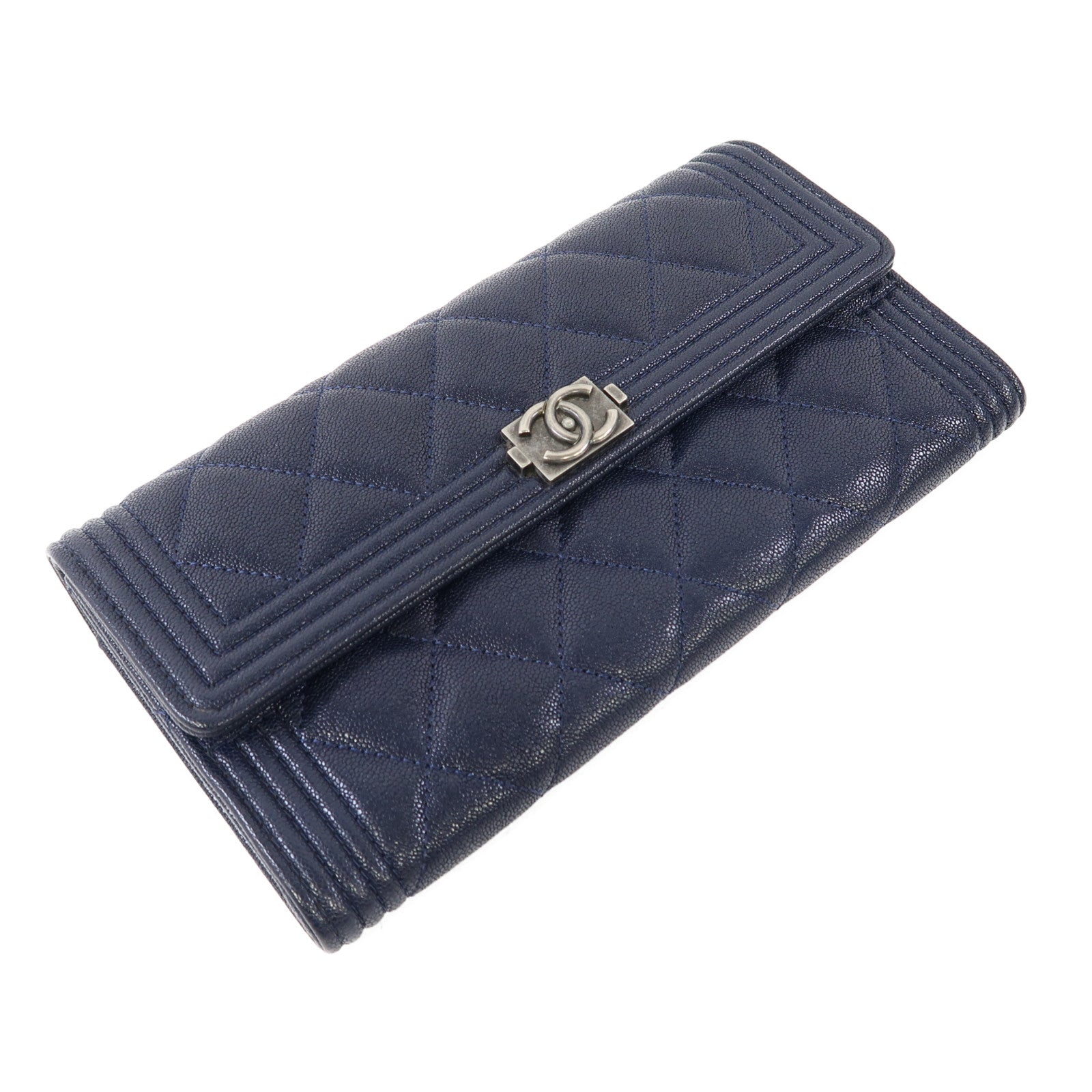 CHANEL 菱格牛皮皮革Boy Long Wallet銀扣長錢包藍色