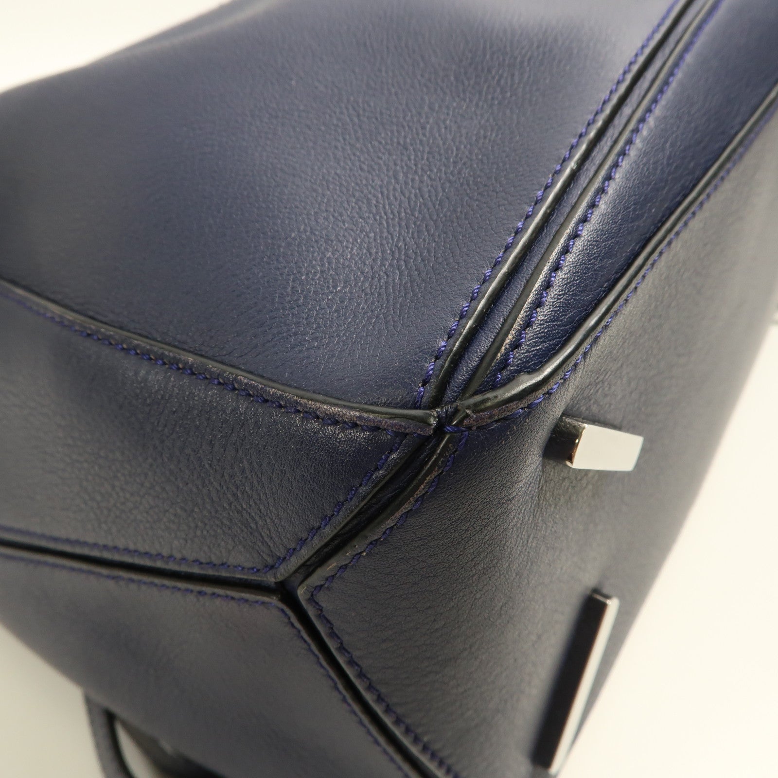 LOEWE 牛皮皮革Puzzle Bag Medium銀扣手挽肩背兩用袋藍色