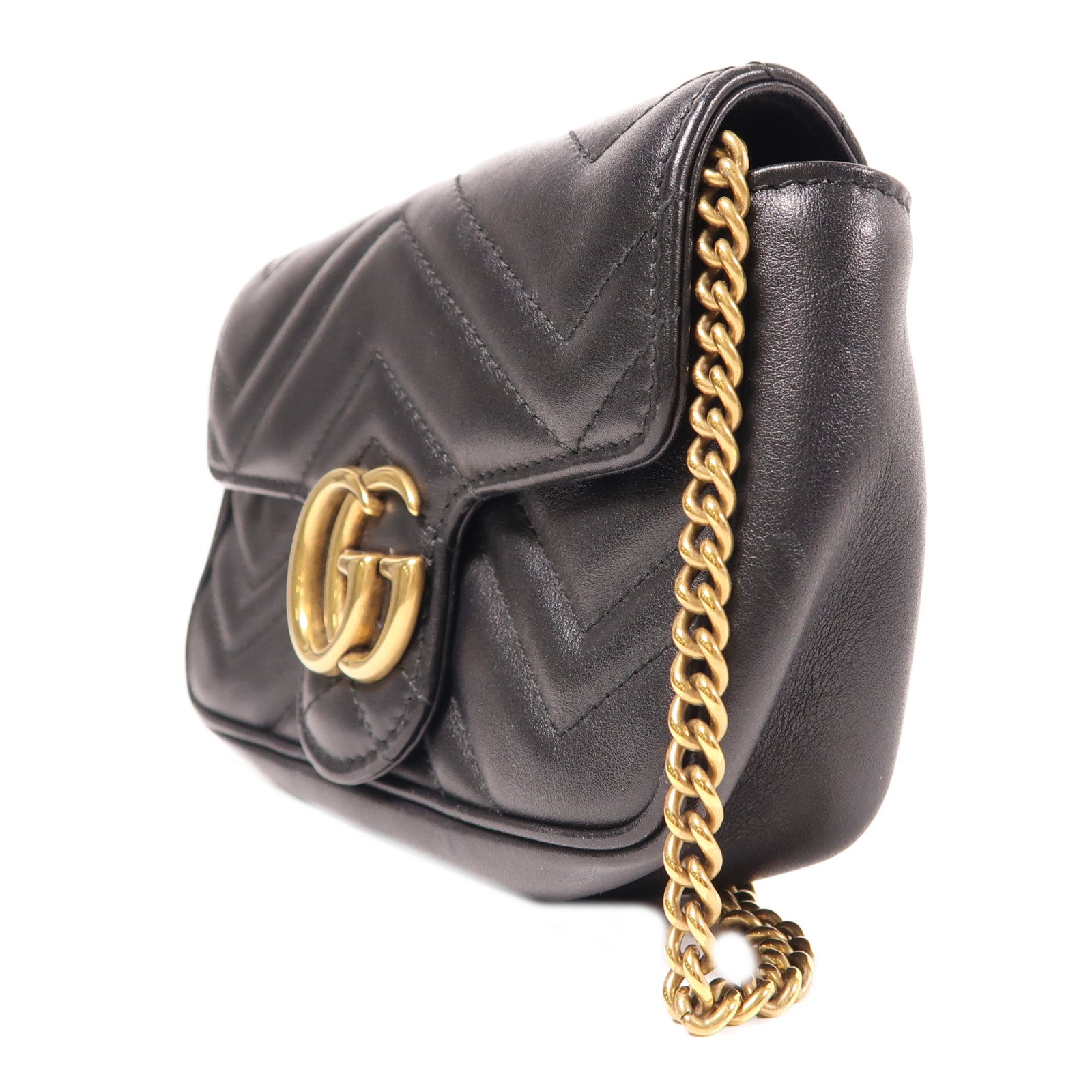 GUCCI Chevron皮革GG Marmont Super Mini金扣鏈帶肩背袋黑色