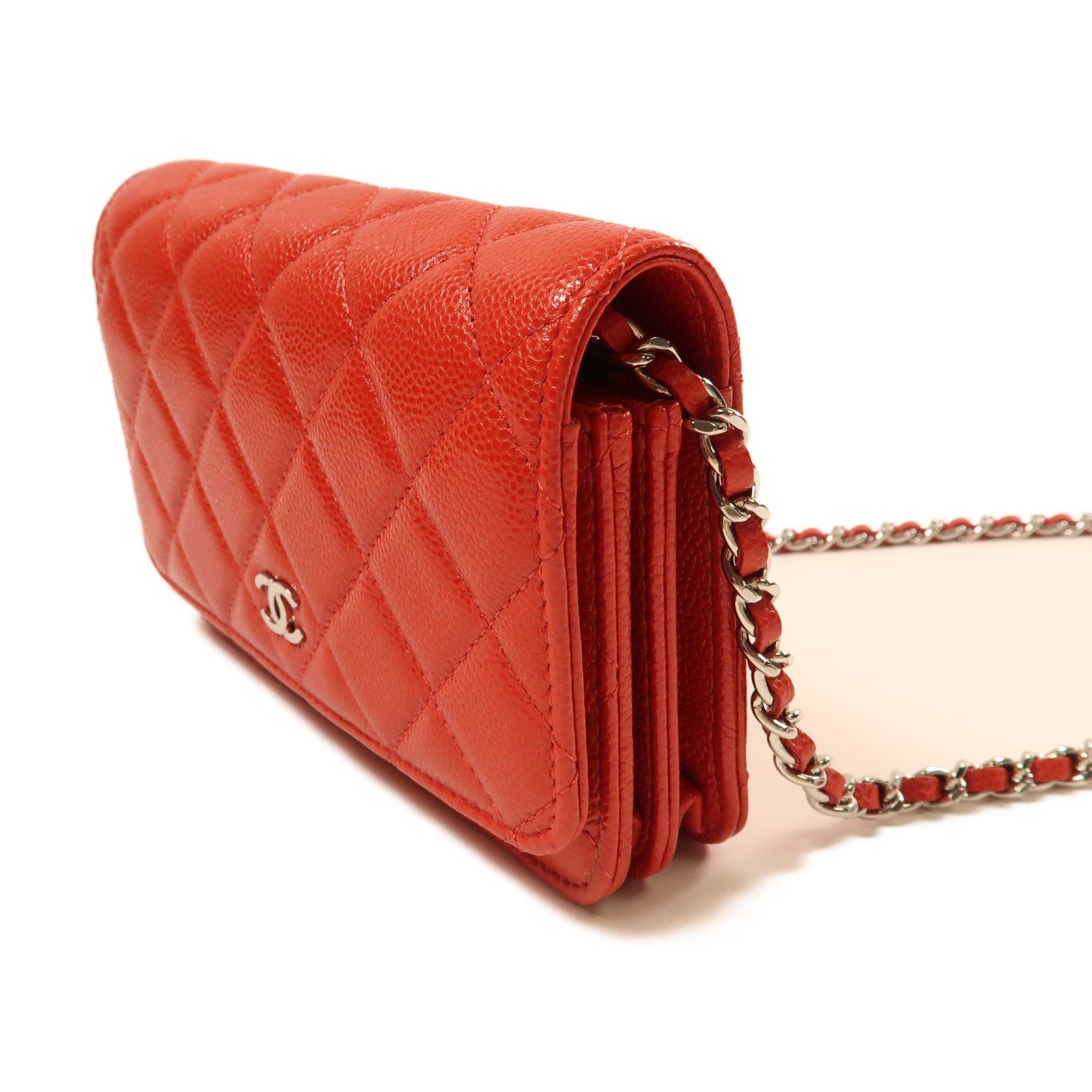 CHANEL 牛皮皮革Chain Shoulder銀扣鏈帶肩背袋紅色
