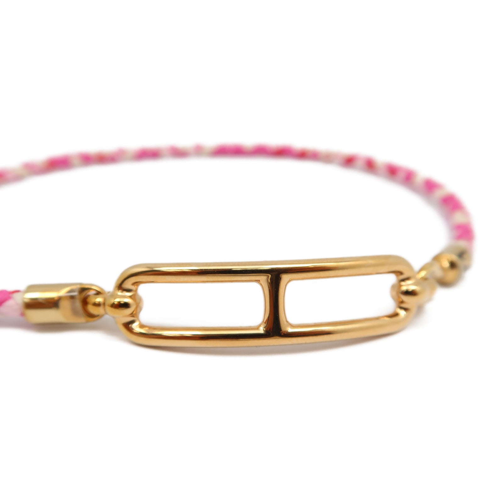 HERMES 【激減優惠】印花絲綢/金屬Roulis Double Tour Bracelet金扣手鐲粉紅色