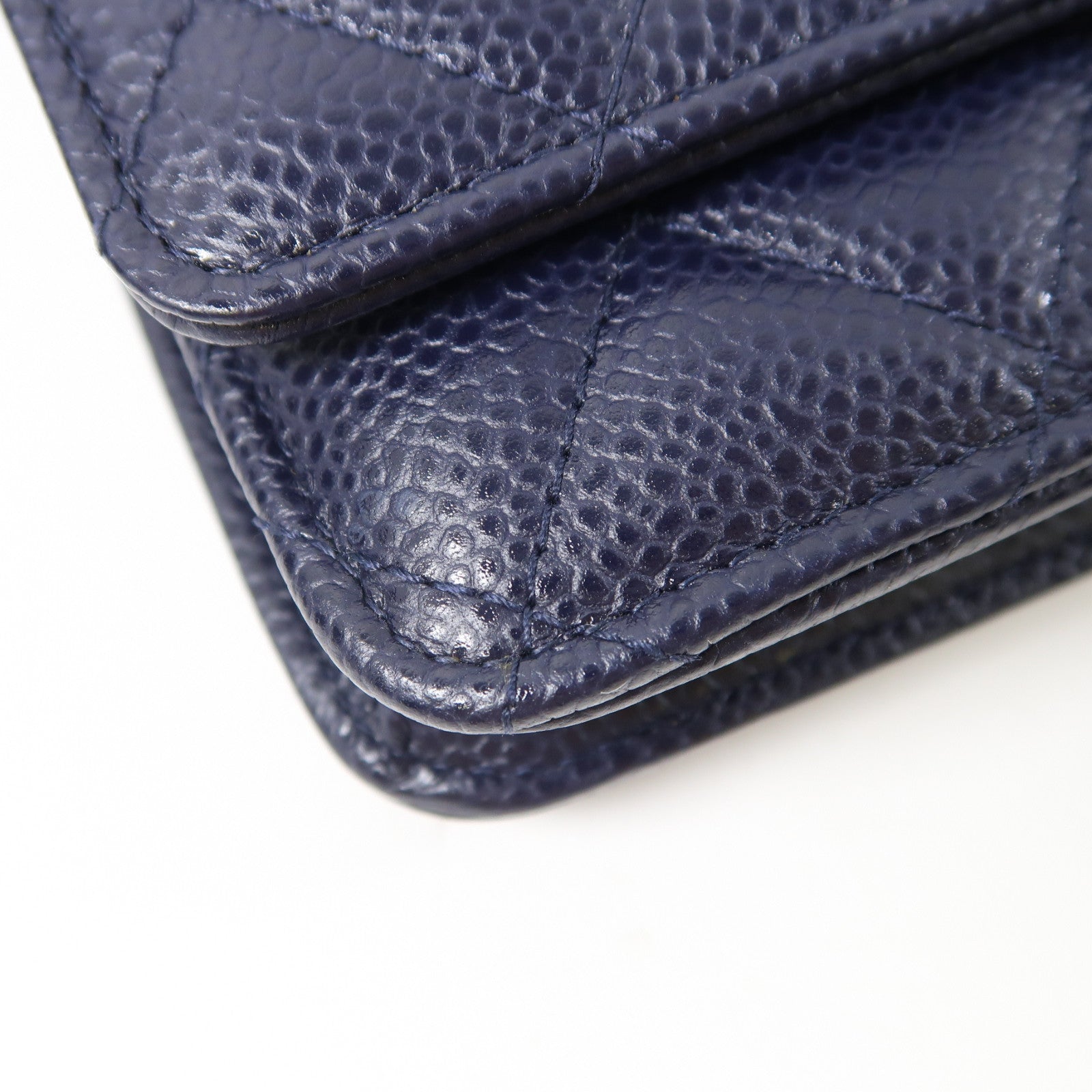 CHANEL 菱格牛皮皮革WOC Wallet On Chain金扣鏈帶肩背袋深藍色
