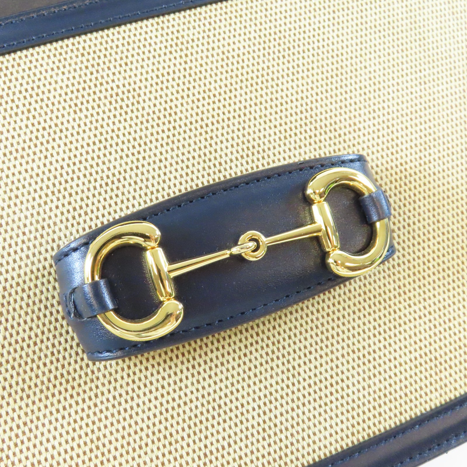 GUCCI 【激減優惠】帆布/皮革Horsebit 1955金扣肩背袋深藍色/米色