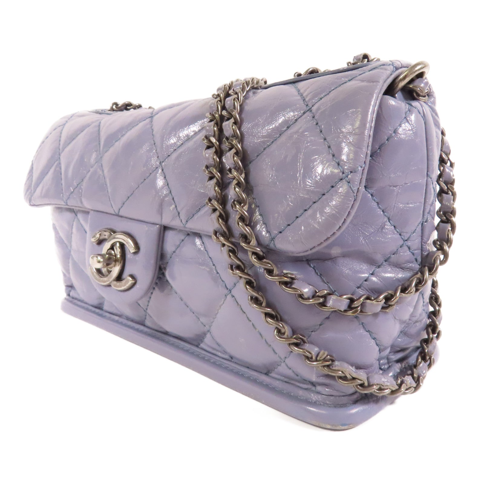 CHANEL 【激減優惠】菱格皮革Chain Shoulder銀扣鏈帶肩背袋灰色