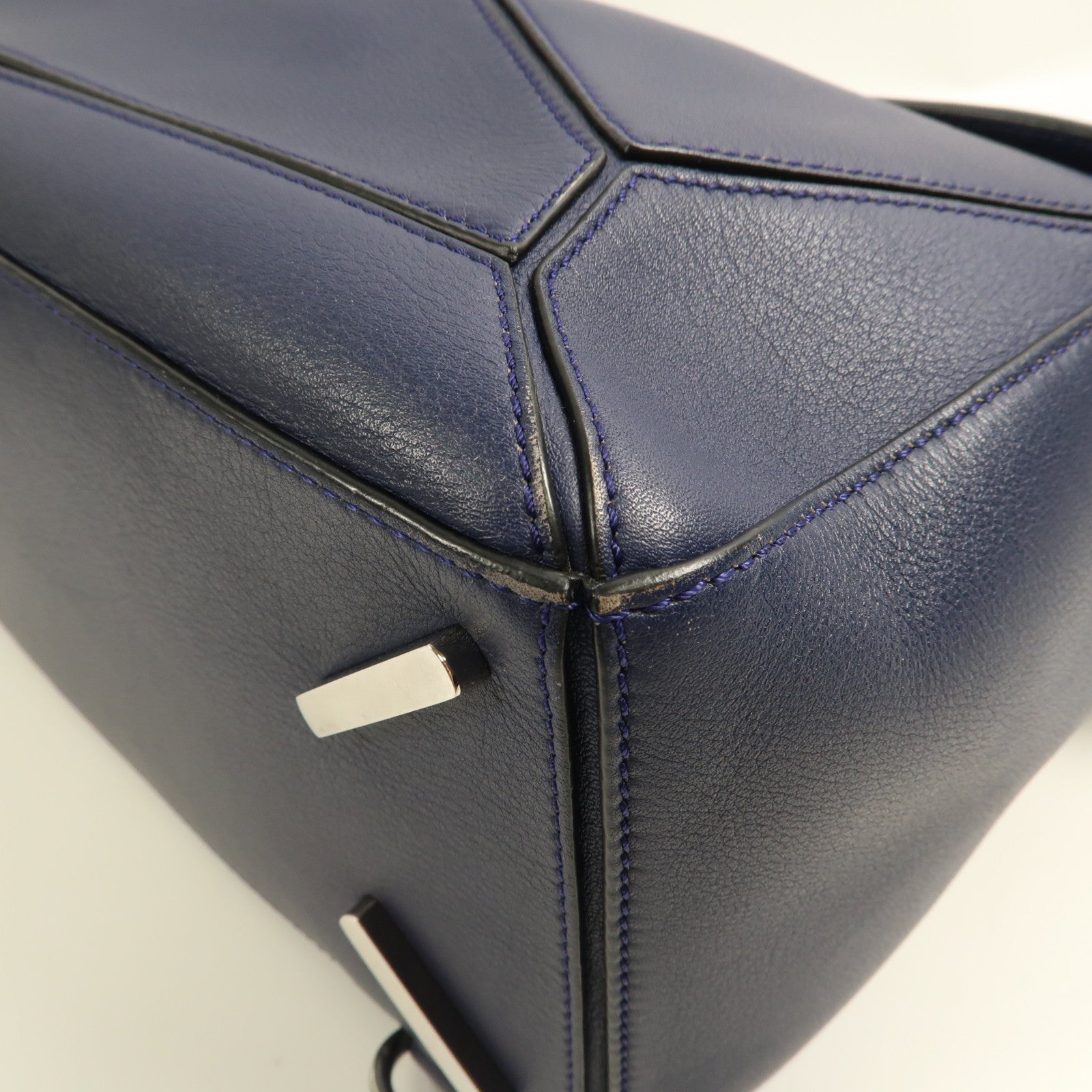LOEWE 牛皮皮革Puzzle Bag Medium銀扣手挽肩背兩用袋藍色