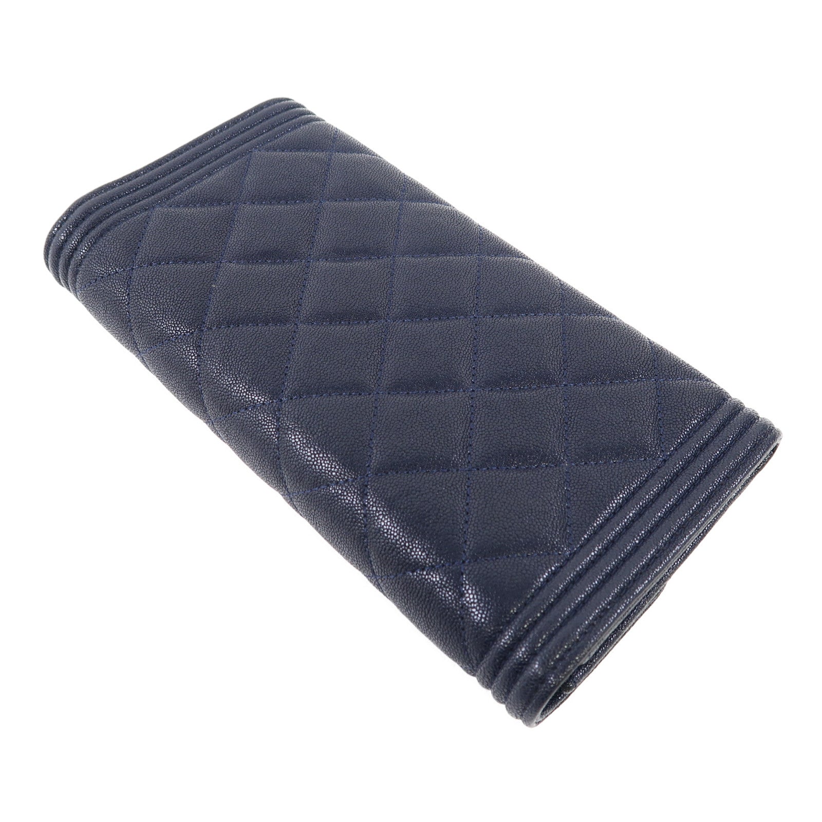 CHANEL 菱格牛皮皮革Boy Long Wallet銀扣長錢包藍色