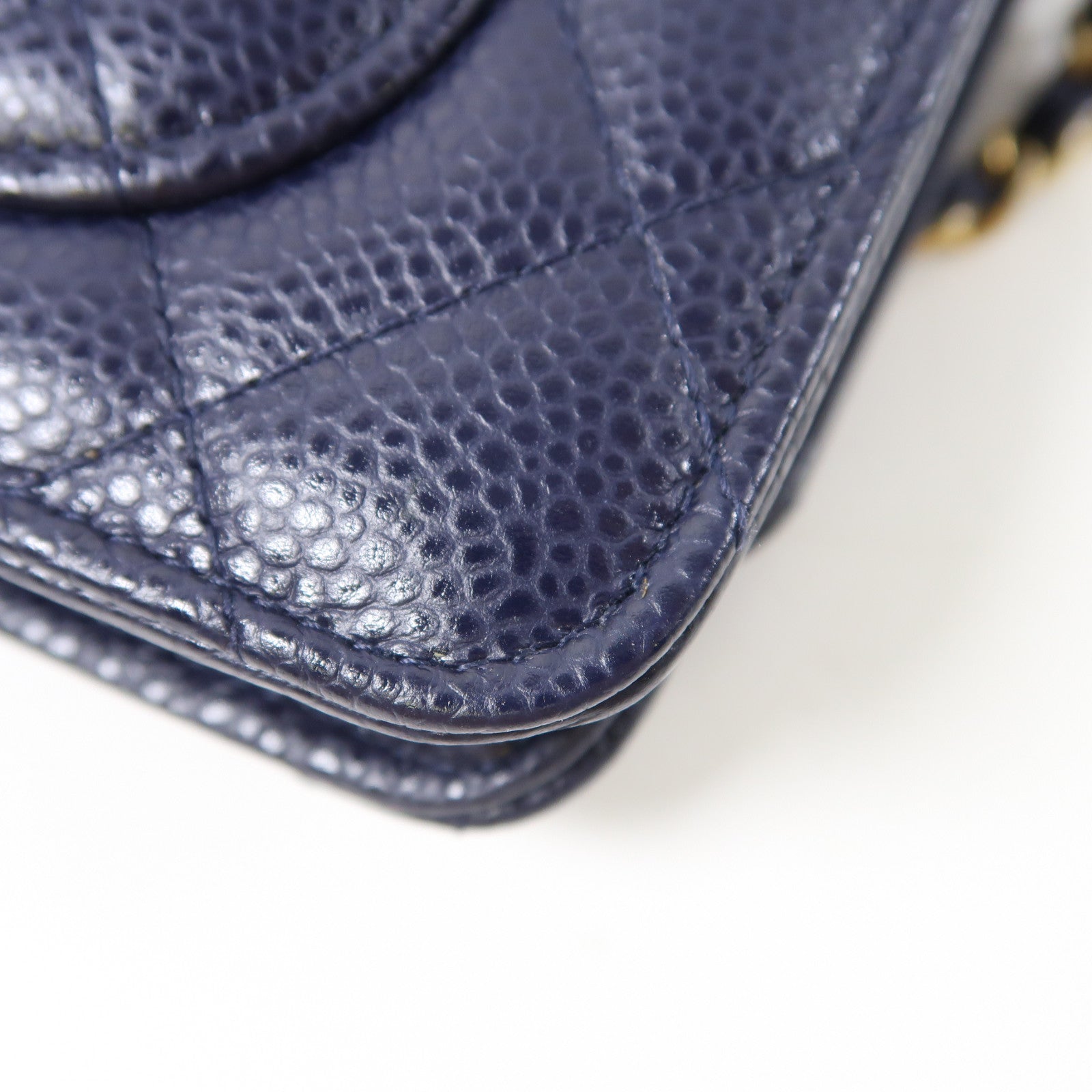 CHANEL 菱格牛皮皮革WOC Wallet On Chain金扣鏈帶肩背袋深藍色