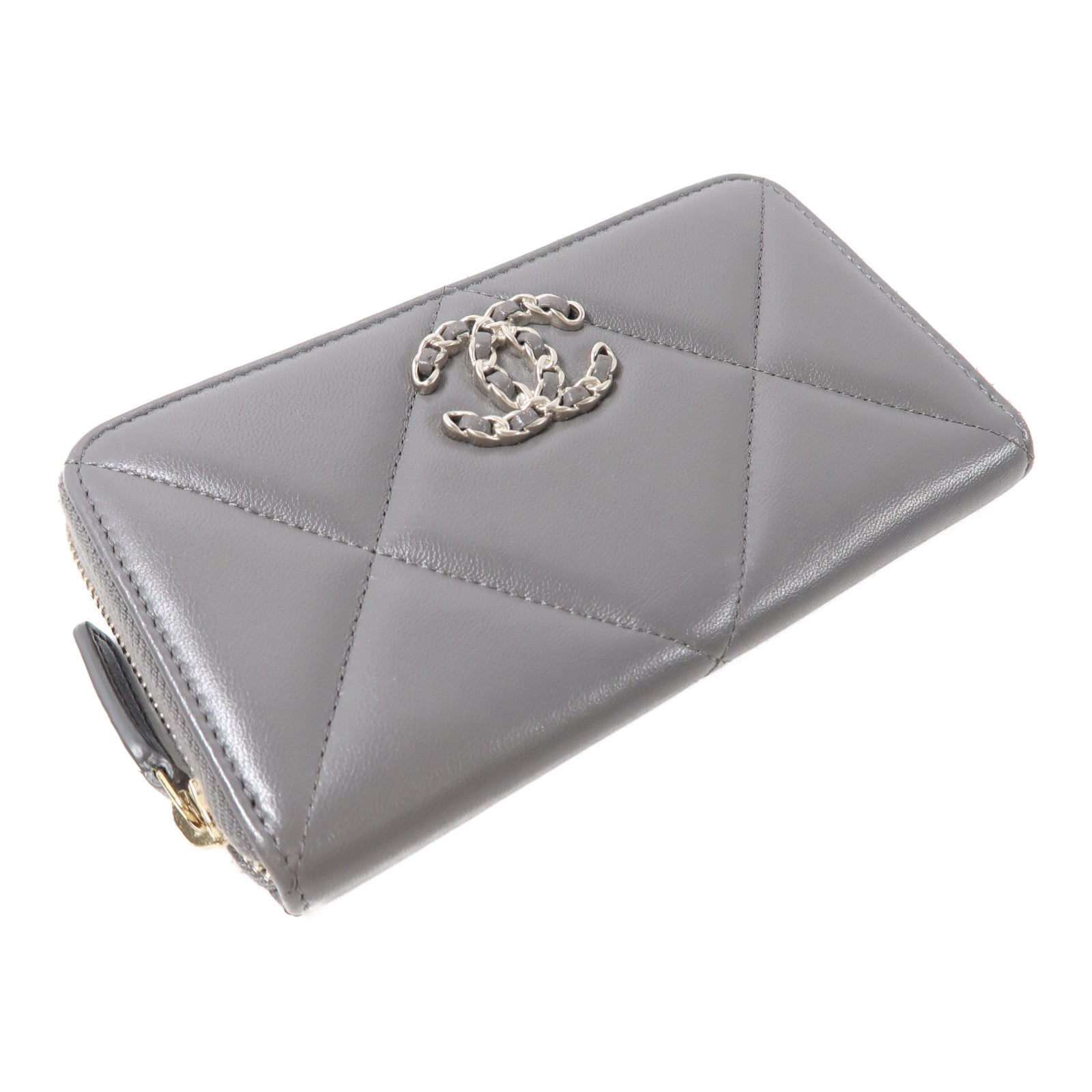 CHANEL 菱格羊皮皮革Wallet銀扣錢包灰色