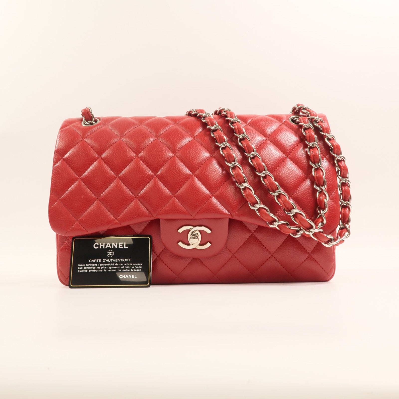 CHANEL 牛皮皮革Large Classic銀扣鏈帶肩背袋