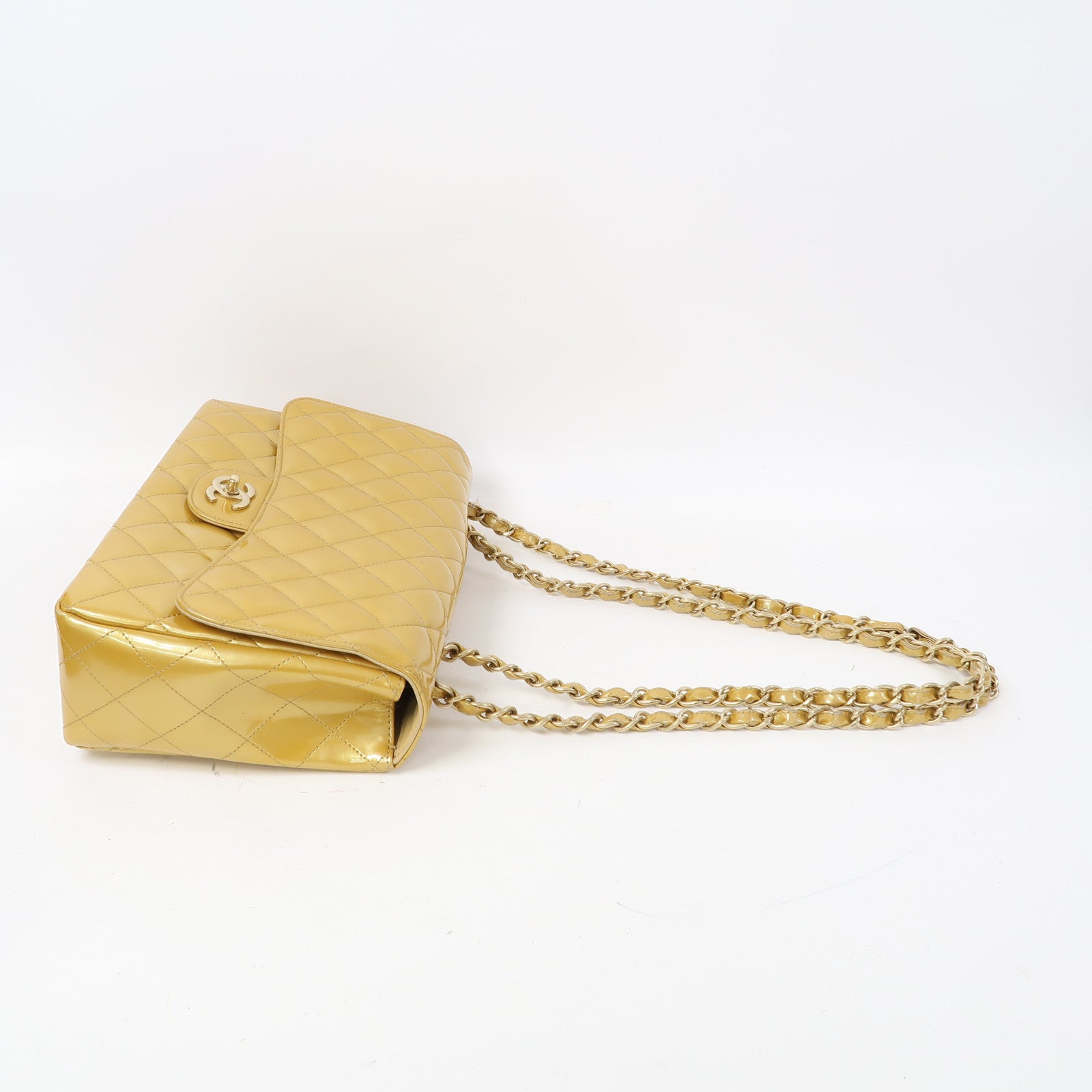 CHANEL 【激減優惠】菱格漆皮皮革Jumbo Classic Bag金扣鏈帶肩背袋黃色