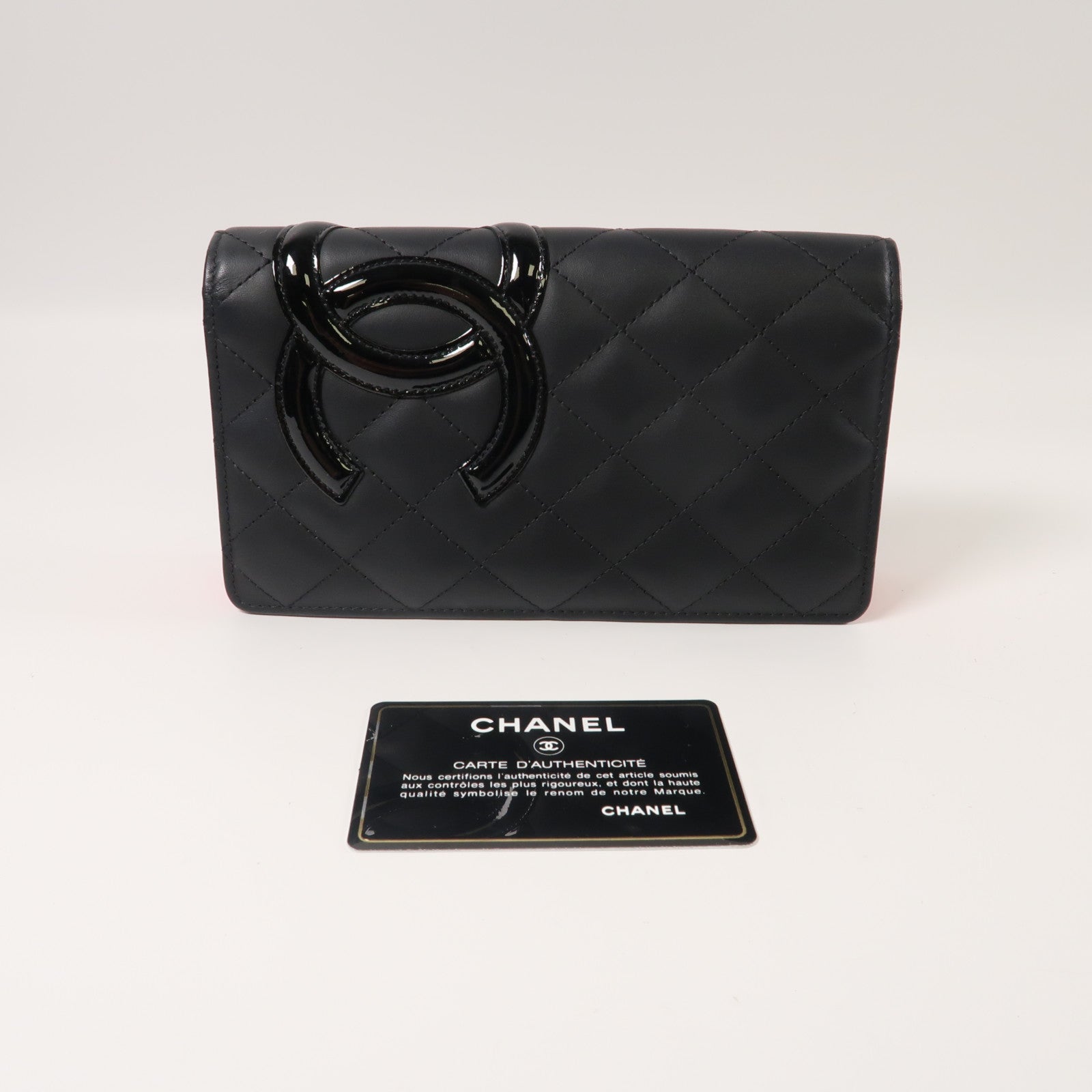 CHANEL 菱格牛皮皮革Cambon Line Fold Wallet銀扣折疊錢包黑色