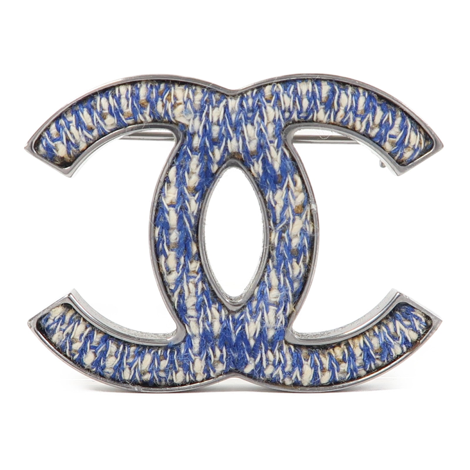 CHANEL 金屬/斜紋軟呢Brooch胸針藍色/銀色