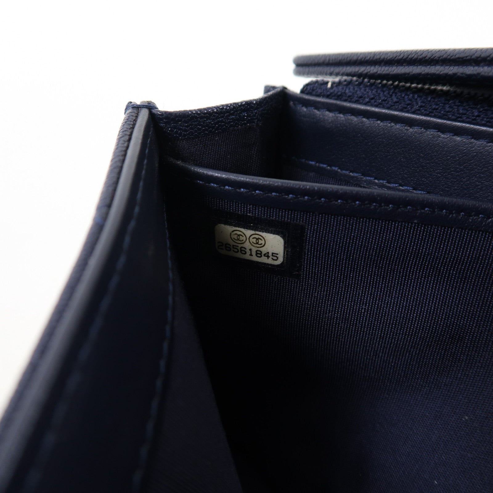 CHANEL 菱格牛皮皮革Boy Long Wallet銀扣長錢包藍色