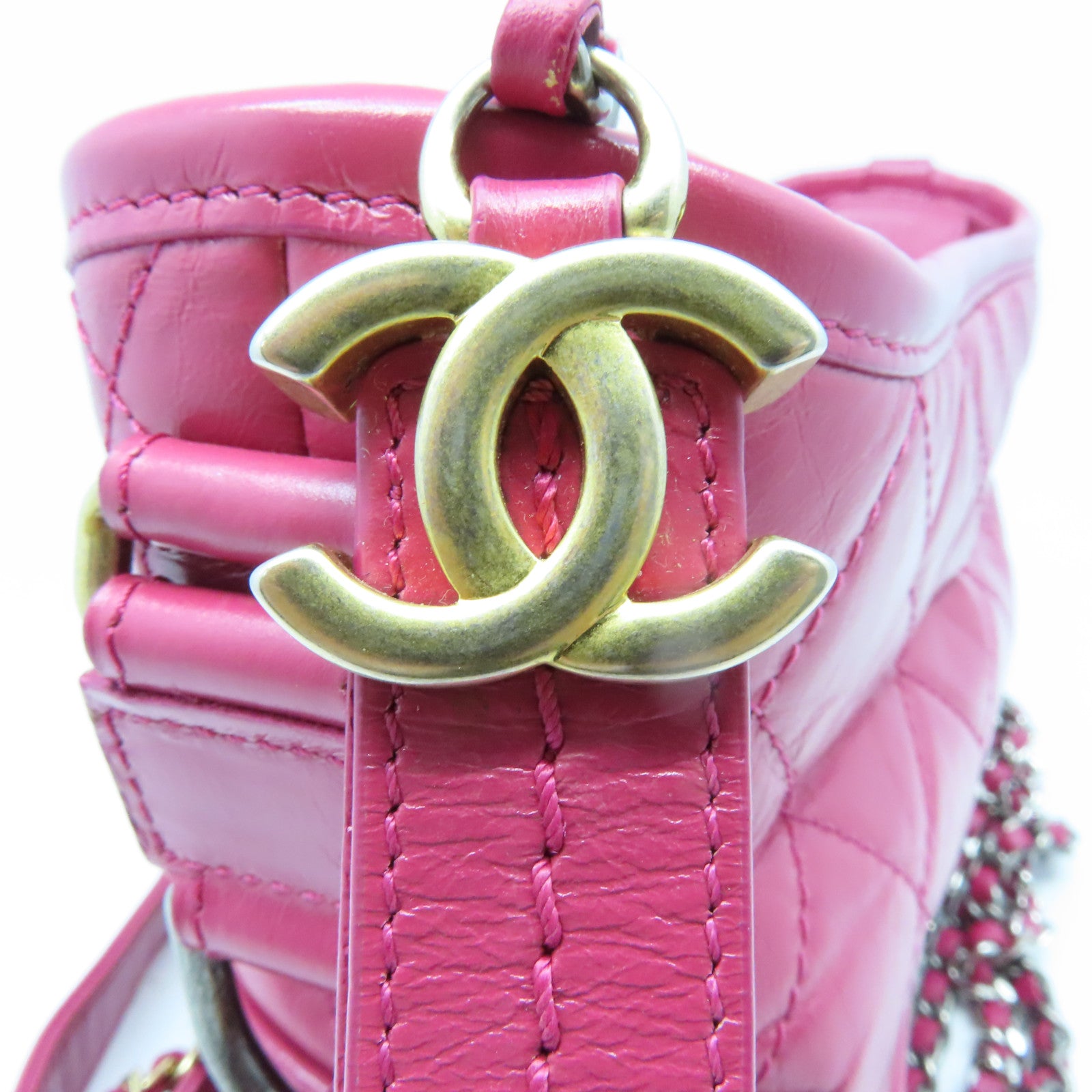 CHANEL 【激減優惠】菱格牛皮皮革Gabrielle Hobo Mini Shoulder Bag銀扣鏈帶肩背袋粉紅色