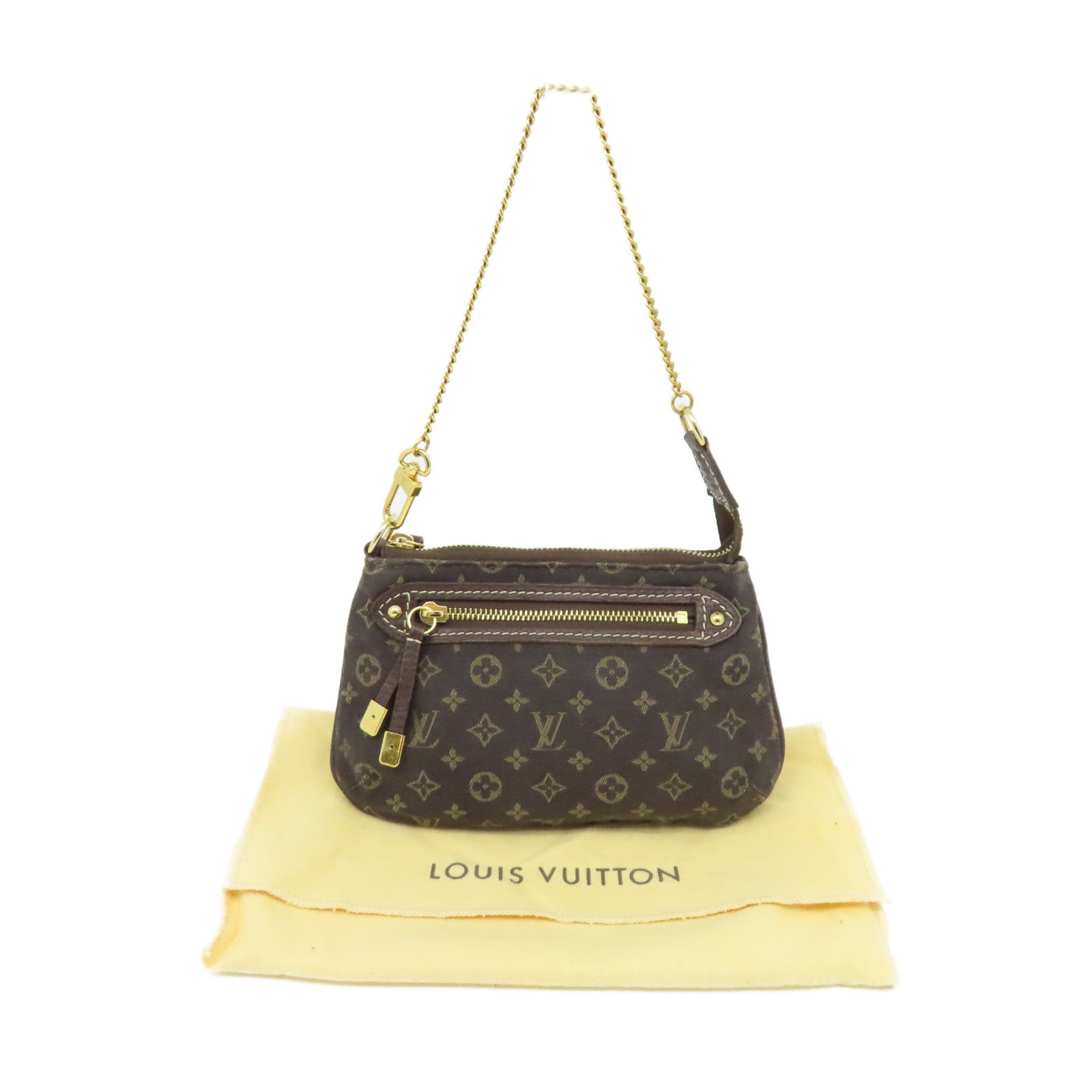 LOUIS VUITTON 【激減優惠】Monogram Mini Lin Pochette Accessoires金扣鏈帶肩帶袋啡色