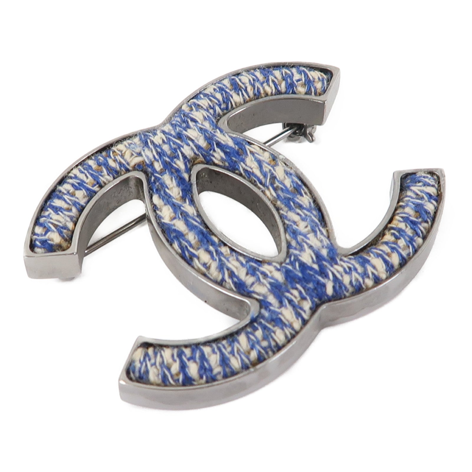 CHANEL 金屬/斜紋軟呢Brooch胸針藍色/銀色
